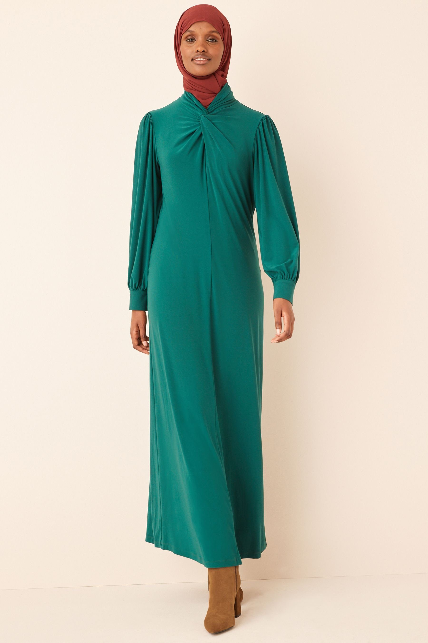 Next Maxikleid Langärmeliges Kleid mit geknotetem Stehkragen (1-tlg) Green