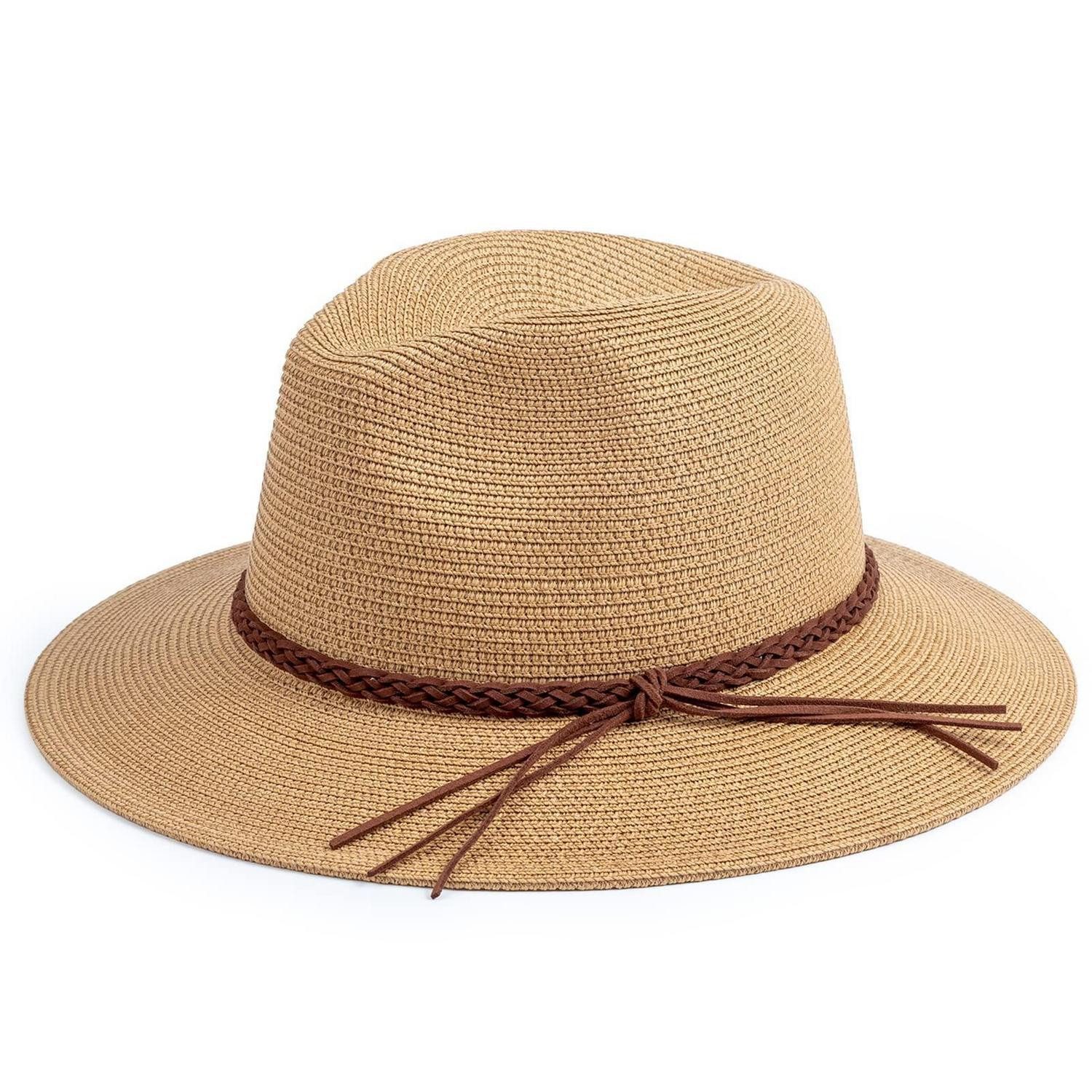 LuxusKollektion Sonnenhut Panamahut Damen Fedora Sonnenhut Stroh UPF M Wide Brim Braided Khaki