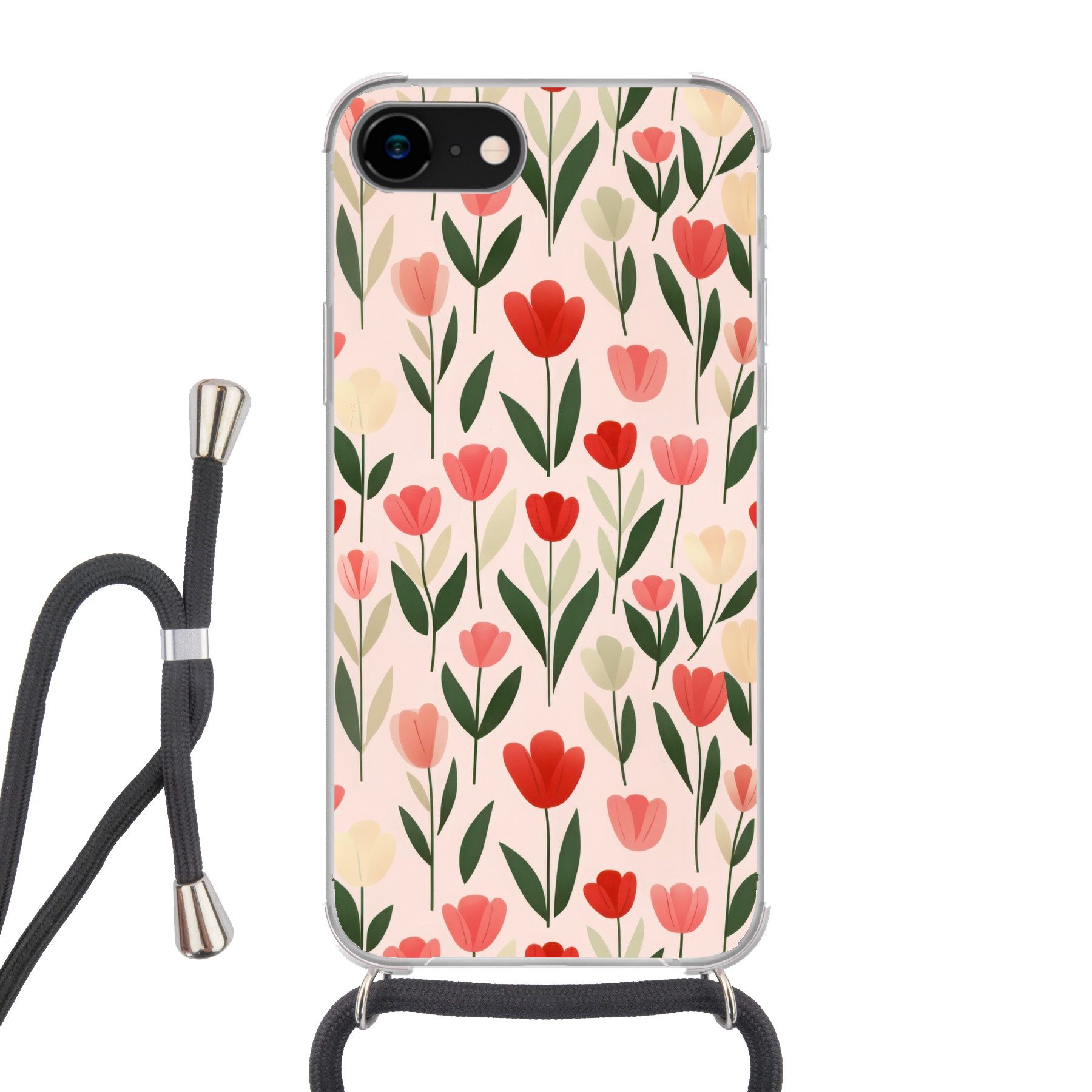 MuchoWow Handyhülle für Apple iPhone 8 Tulpen - Modern - Rosa, Tragbare Handyhüllen mit Kette zum umhängen, Handykette Handyband
