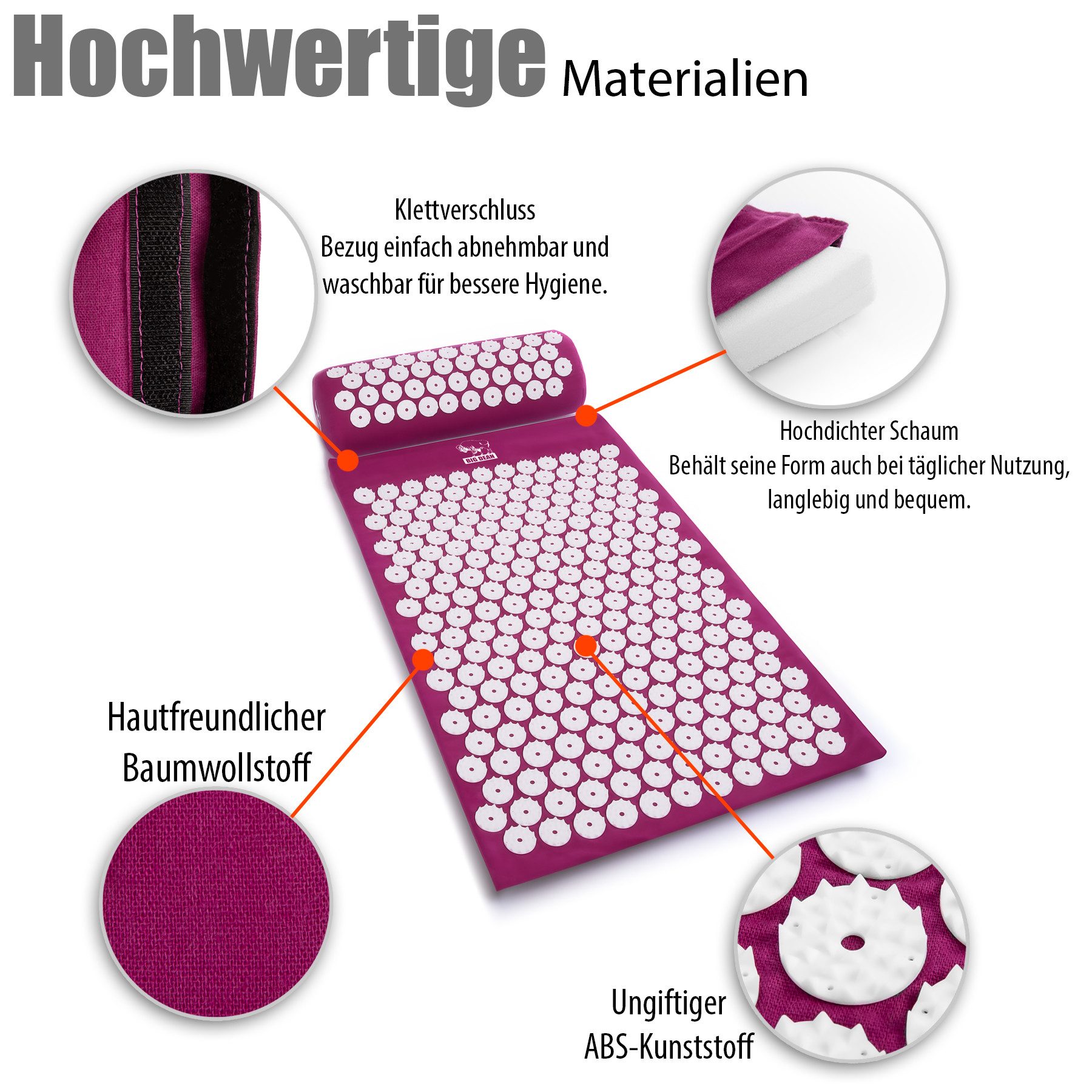 BigDean Akupressurmatte Massagematte mit Kissen & Hülle zur Steigerung des Wohlbefindens (Set, 1-St., Akupressurmatte + Kissen + Hülle), Effektive Schmerzlinderung, Verbesserte Durchblutung, Stressabbau