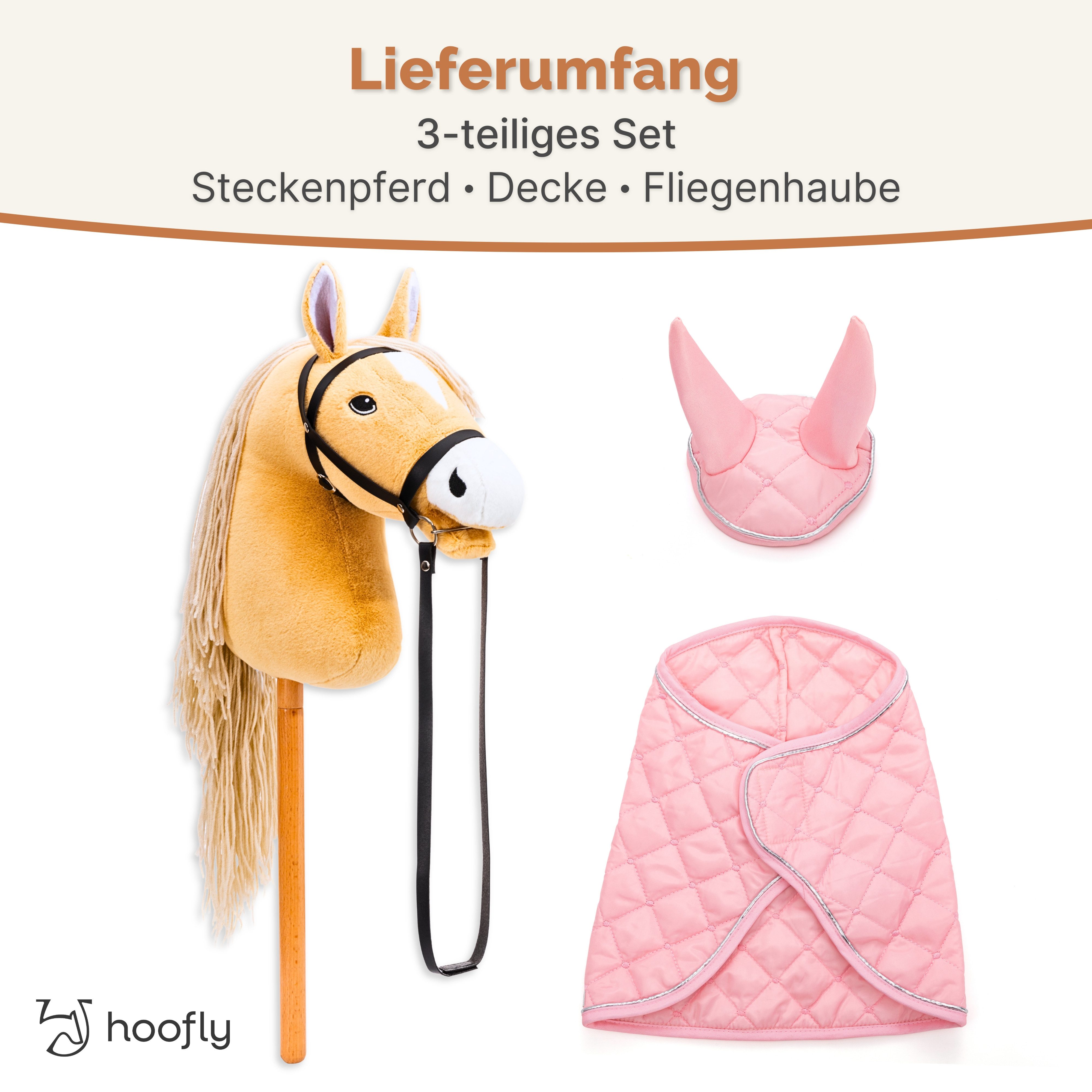 Hoofly Steckenpferd Hoofly® Hobby Horse Pferde Set, (mit Decke, Fliegenhaube, Trense & Schraubstab, Hobby Horsing, Steckenpferd), Abschraubbarer Stab