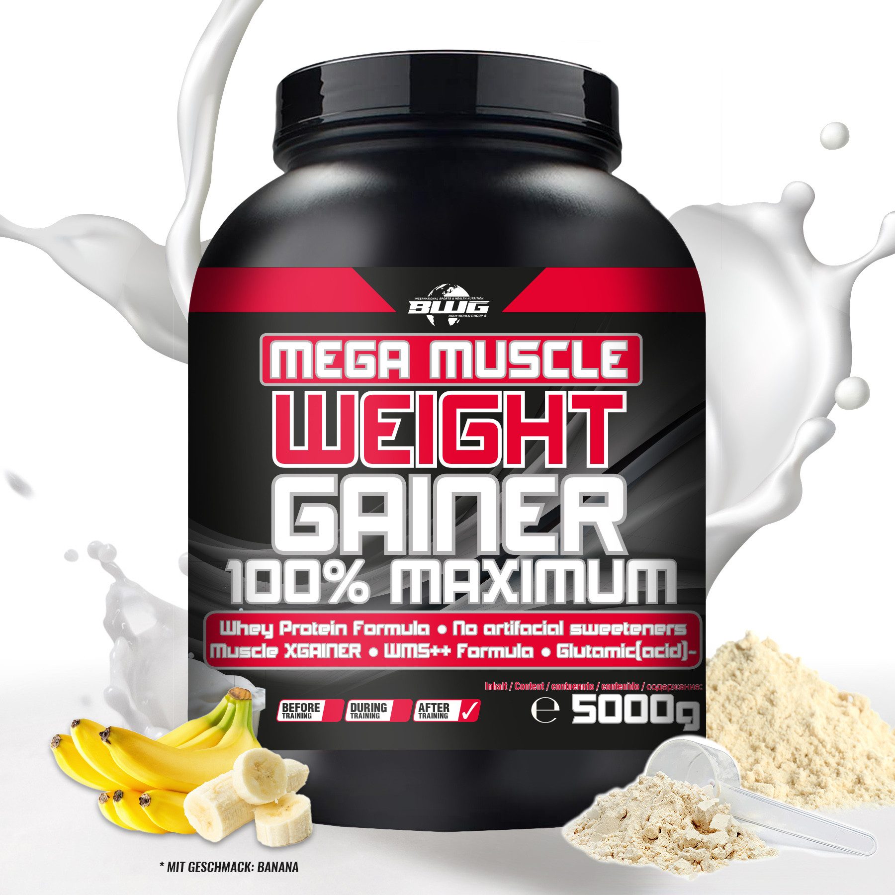 BWG BWG Mega Muscle Weight Gainer BANANE 5000g - Made in Germany pur