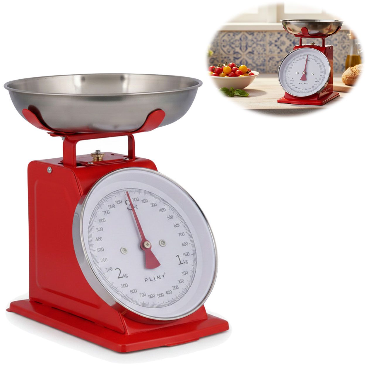 LS-LebenStil Küchenwaage Vintage Küchenwaage Retro Rot Manuelle Backwaage großes Ziffernblatt, (Manuelle Analoge Backwaage großes Ziffernblatt, 2-tlg., mit 1L Edelstahl Schüssel ohne Batterie / Strom Küche Waage), 3kg Skala mit großer Rührschüssel