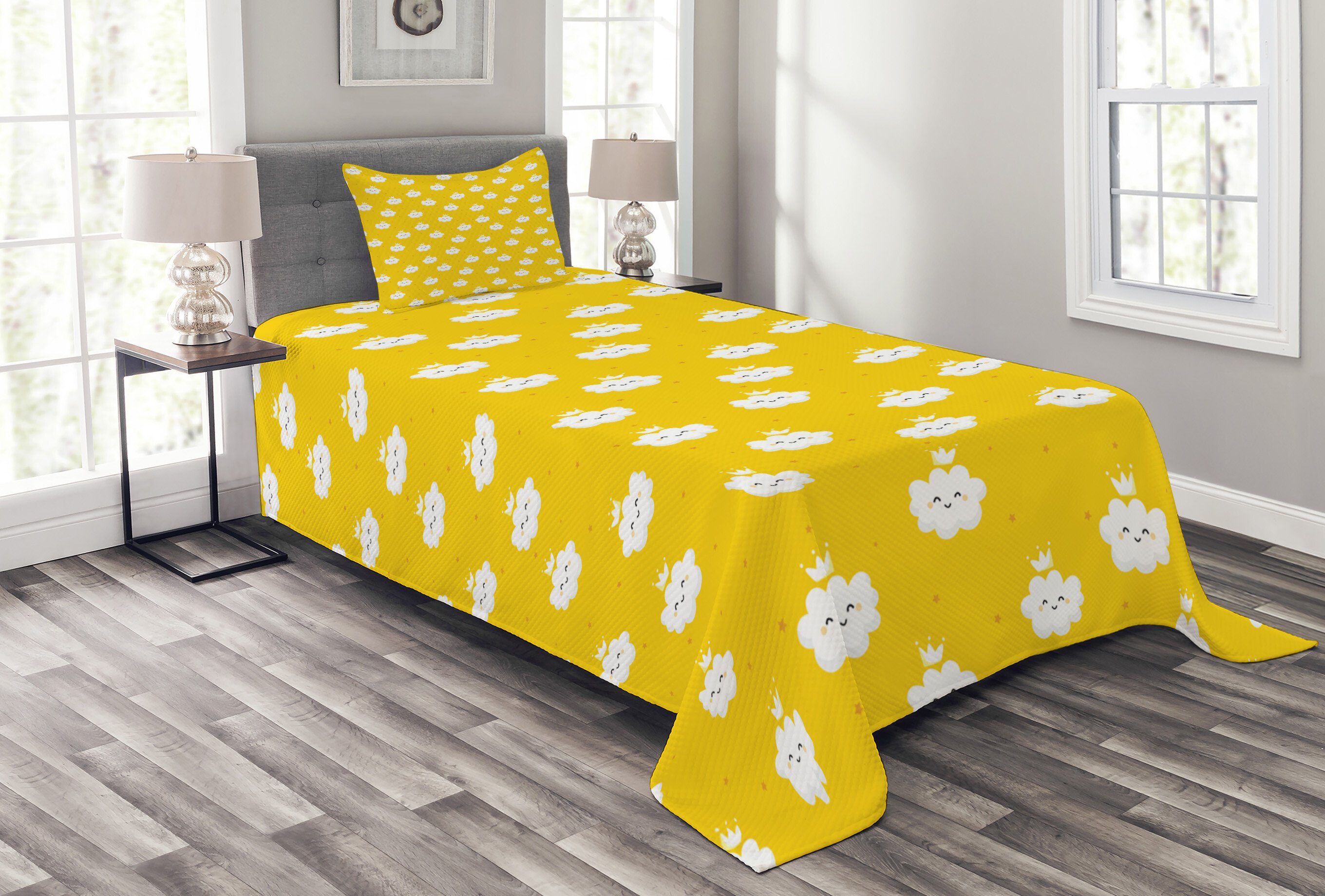 Waschbar, Gelb Weiß und Cloud-Motiv Set Kissenbezügen Tagesdecke Abakuhaus, mit