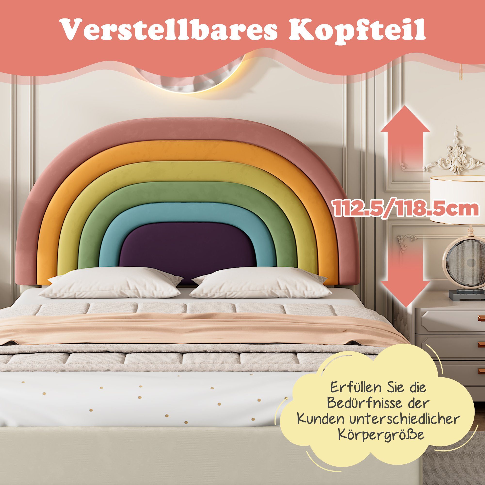 Polsterbett (Jugendbett mit Lattenrost), Kinderbett mit verstellbarem Regenbogen-Kopfteil, 140x200 cm, Samt