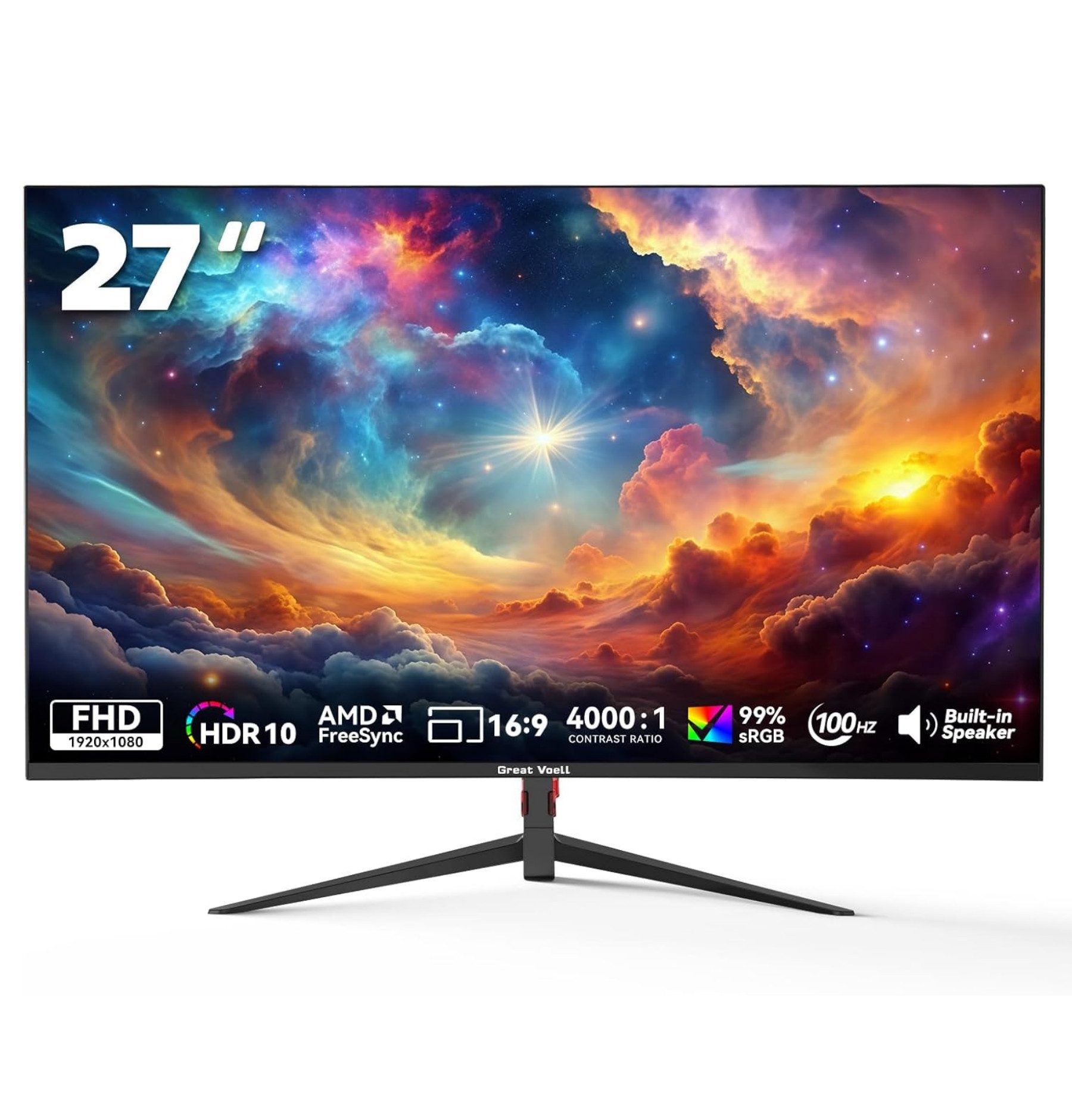 Great Voell 27 Zoll FHD PC Monitor, 100Hz, Integrierte Lautsprecher, Rahmenlos Gaming-Monitor (68,6 cm/27 ", 1920 x 1080 px, FHD, 1 ms Reaktionszeit, 100 Hz, VA LED, Lautsprecher, 300 cd/, FreeSync, VESA, Home office, HDMI/DP)