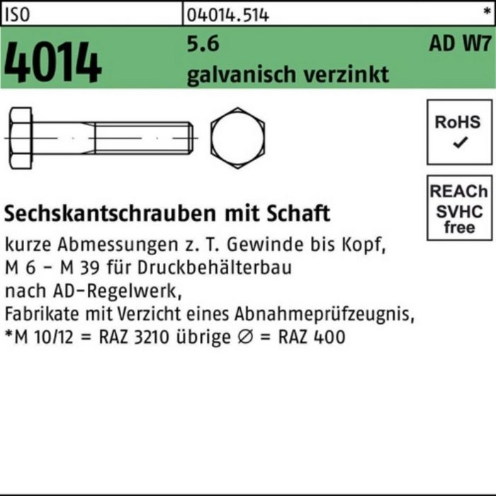 Sechskantschraube 100er Pack Sechskantschraube ISO 4014 Schaft M20x 110 5.6 W7 galv.verz