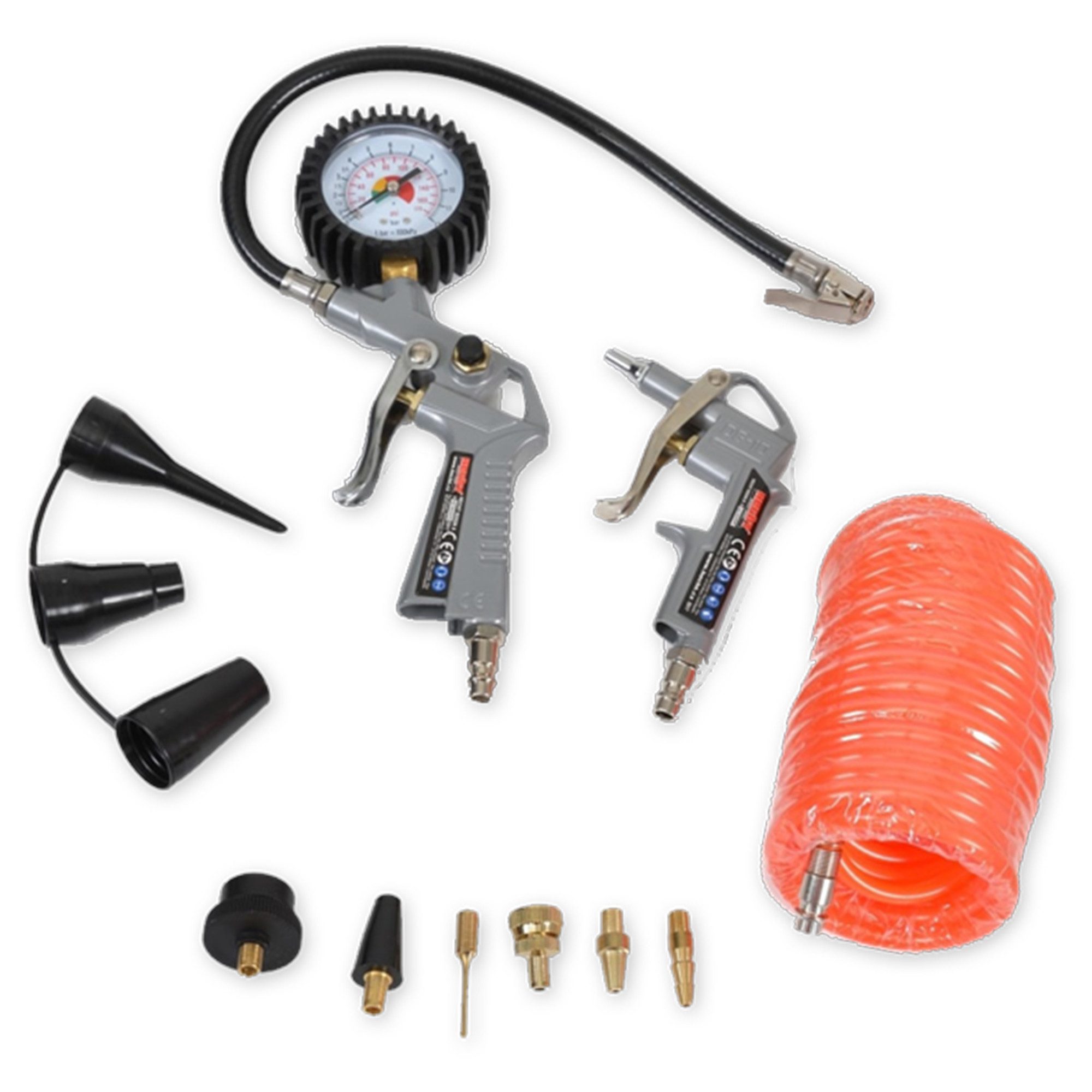 Hecht Druckluftwerkzeug 002026 Kompressor Zubehör Set mit Reifendruckpistole & 5m Schlauch, Ausblaspistole, Manometer & Ballnadel-Adapter inklusive