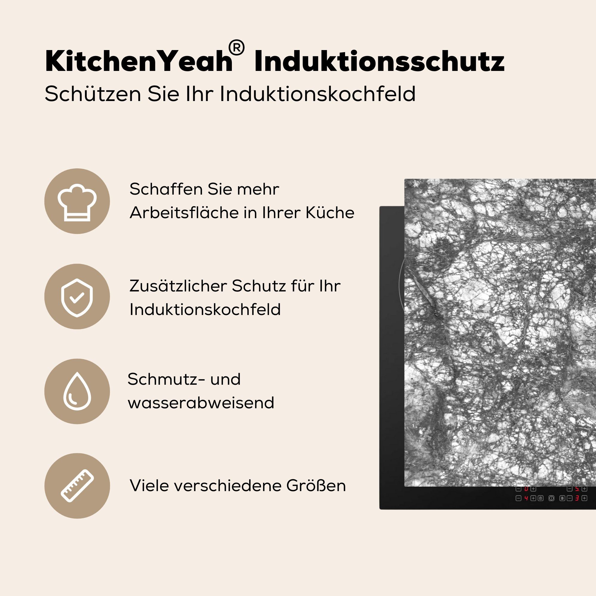 MuchoWow Herdblende-/Abdeckplatte Marmor küche, 81x52 für die - Weiß (1 - Induktionskochfeld Ceranfeldabdeckung Schutz Schwarz tlg), Vinyl, cm, - Steine