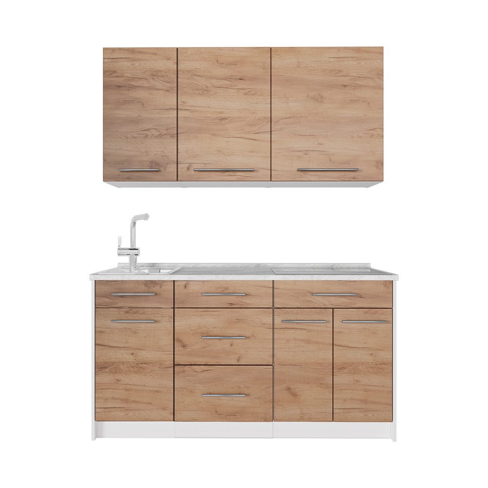 Vicco Küchenzeile Fame-Line, Goldkraft Eiche, 150 cm, AP Marmor