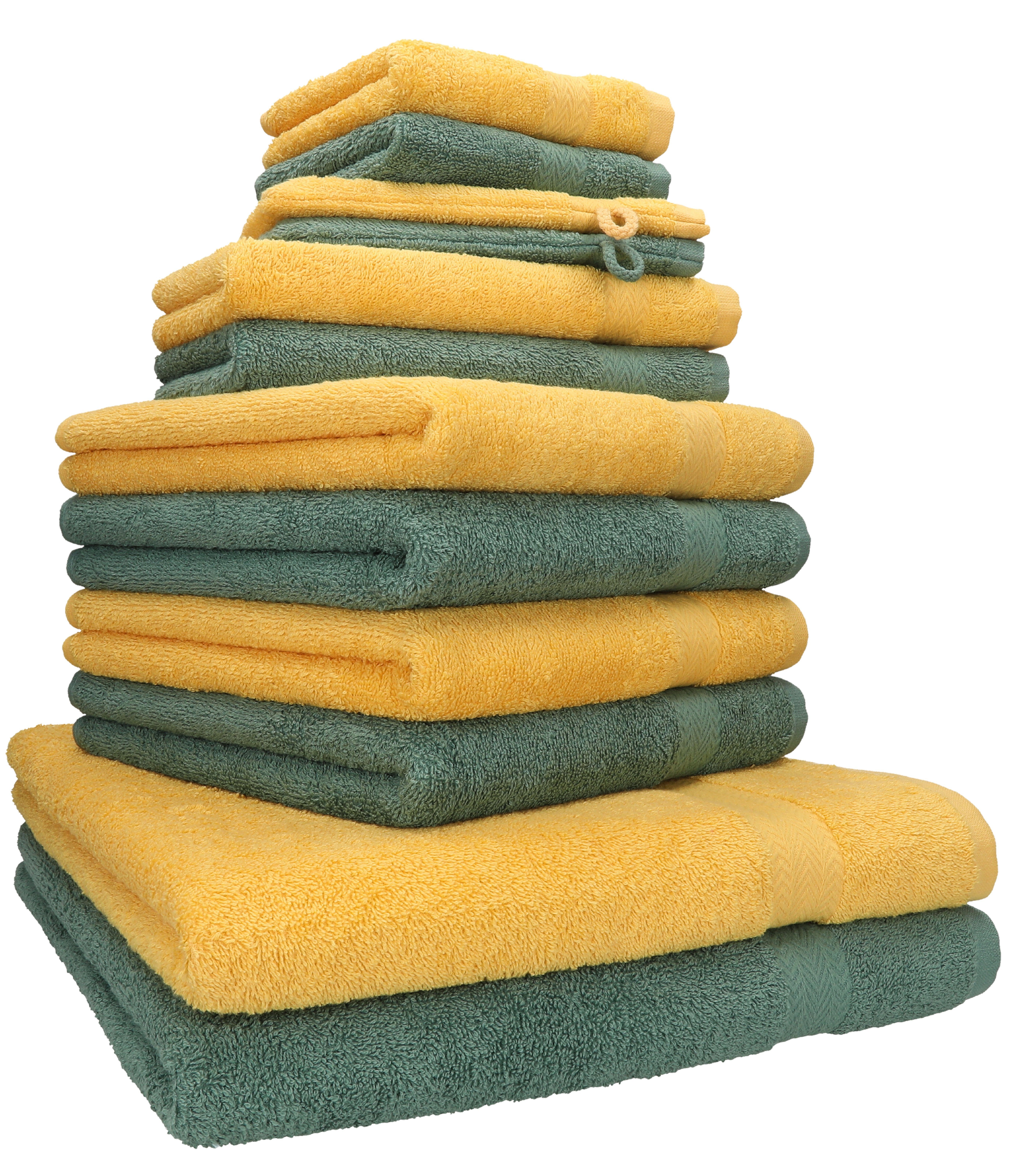 12-tlg. Handtuch Betz (12-tlg) 100% Farbe Premium Set Handtuch Set honiggelb/tannengrün, Baumwolle,