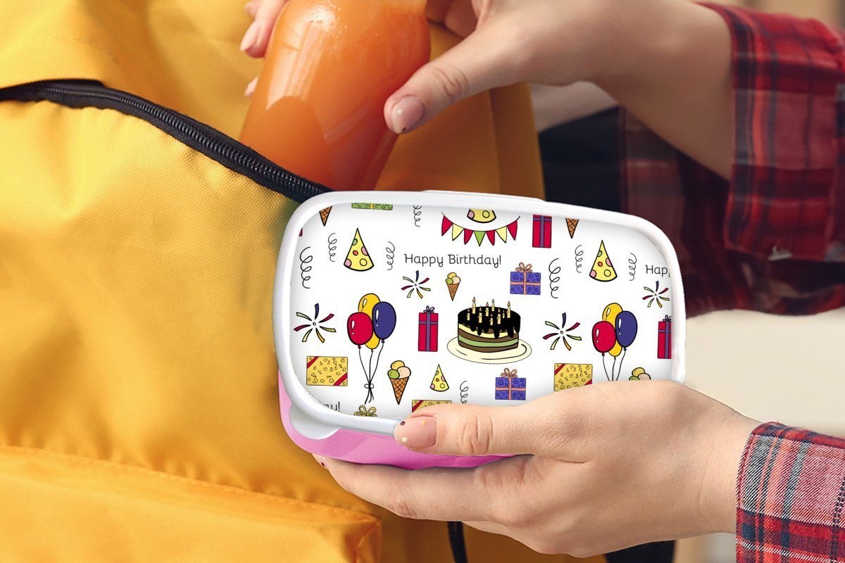 MuchoWow Lunchbox Design - Geburtstag Mädchen, Kinder, Party, (2-tlg), - Erwachsene, Snackbox, Brotdose Brotbox rosa für Kunststoff Kunststoff