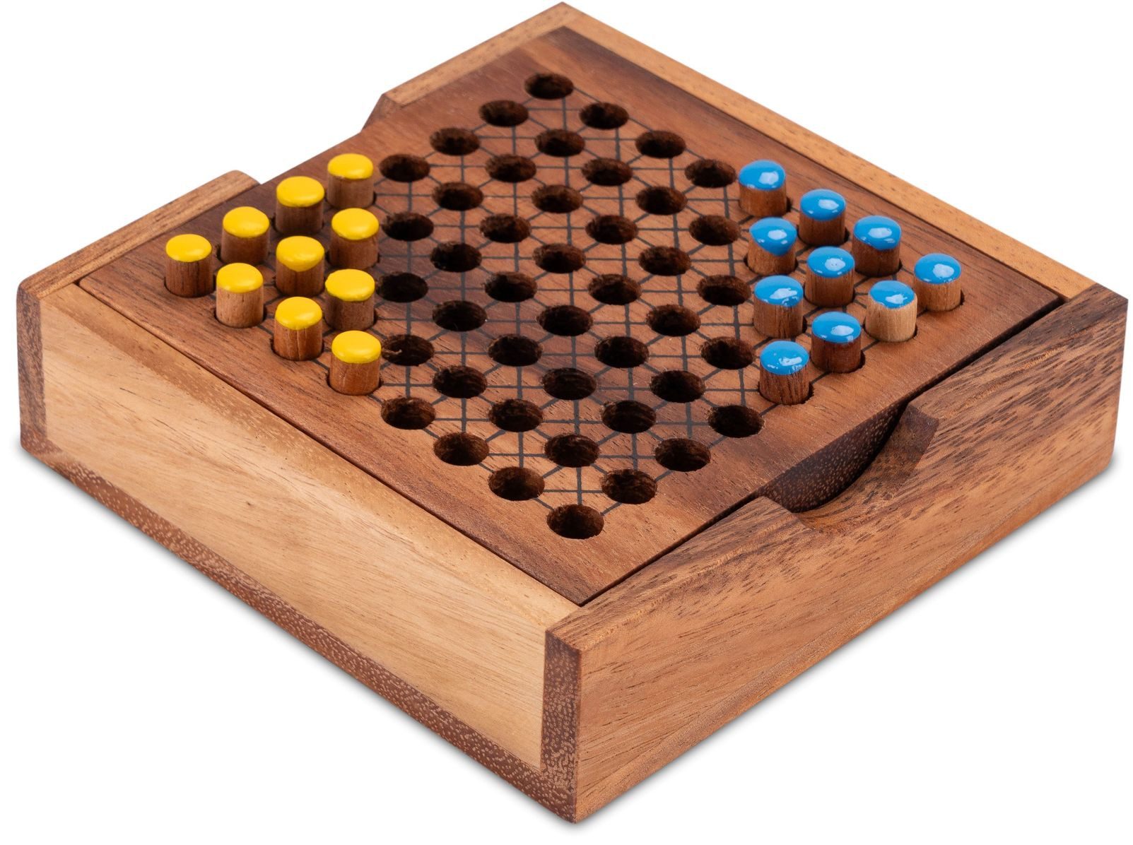 LOGOPLAY Spiel Halma für 2 Blau Gelb, Gesellschaftsspiel, Halma Reisespiel klassisches Strategiespiel im Mini-Holzkasten für 2