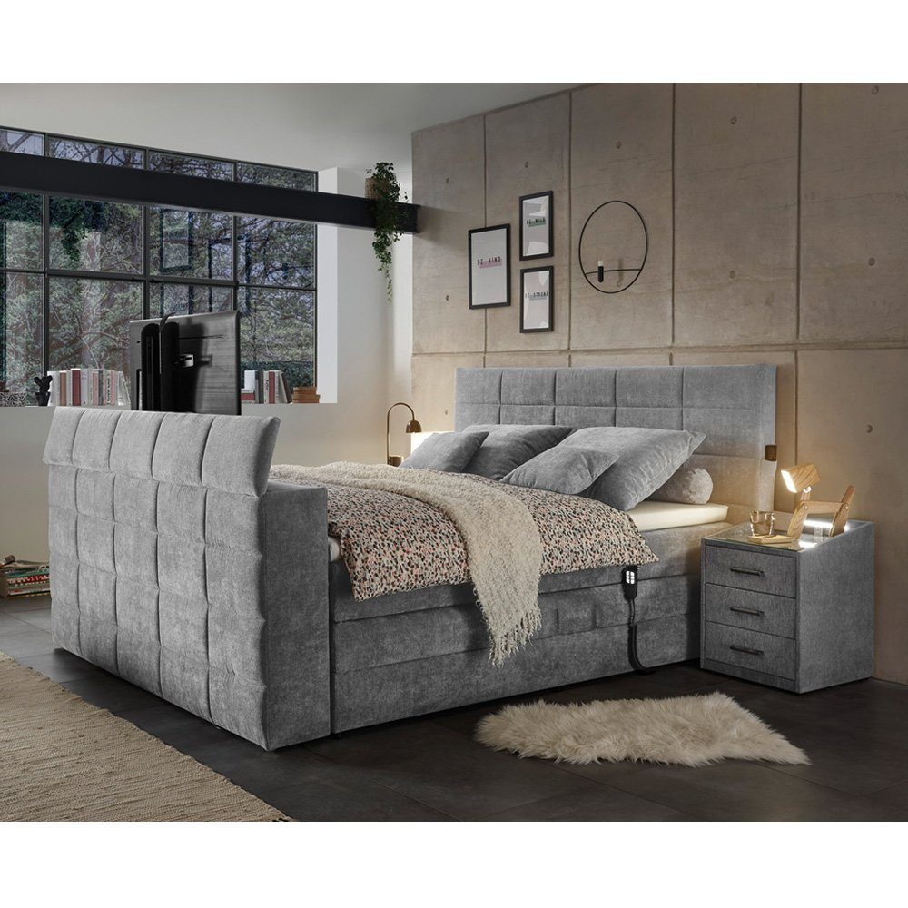 Lomadox Boxspringbett DURAZNO-09, 180x200cm, dark grey, TV-Halterung, Bettkasten, 2 Nachtschränke dunkel grau