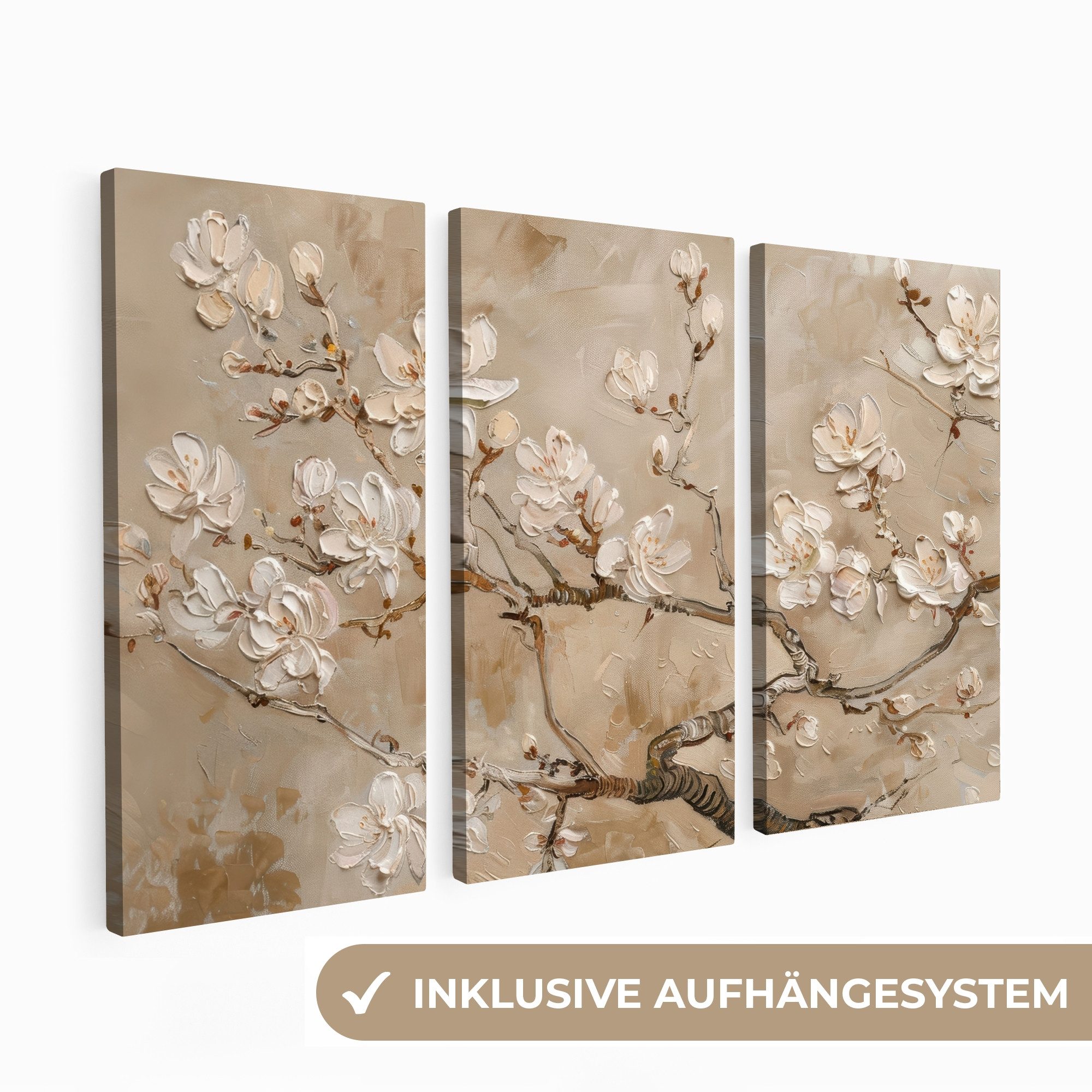 MuchoWow Leinwandbild Beige - Blüte - Modern, Fotodruck (3 St), Wand Bilder günstig online kaufen