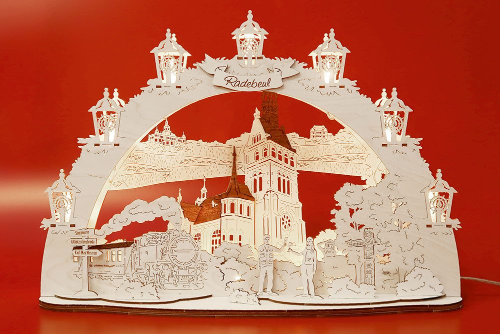DeColibri LED Schwibbogen 3D LED Schwibbogen Dresden Radebeul Kirche- Sachsen - mit Netzkabel, Holzkunst aus Sachsen, beleuchtet