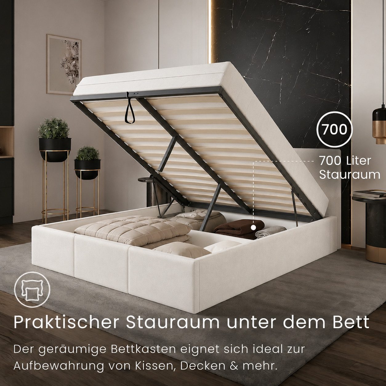 Home Collective Polsterbett Stauraumbett 120x200, 140x200, 160x200, 180x200 cm mit Kopfteil, 160×200 cm, mit Gasdruckfeder, Metallrahmen, Samtpolsterung, Beige – Bild 4 von 5