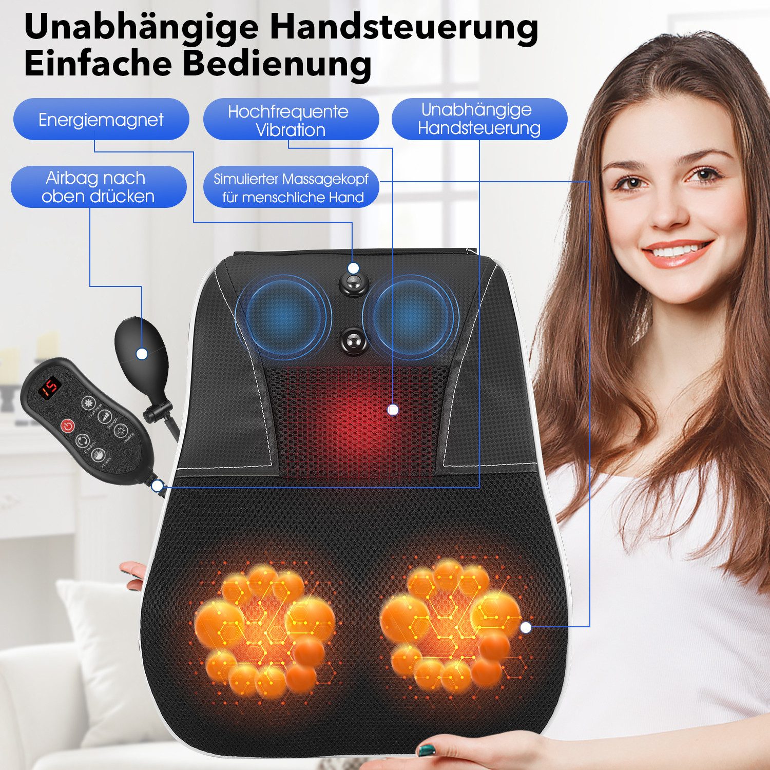 oyajia Massagegerät Rückenmassagegerät mit Heizfunktion, Drei-in-Eins-Massagekopfstütze, Set, Multimodus (Rotation, Intensität, Vibration, Heizung), 8 Abschnitte