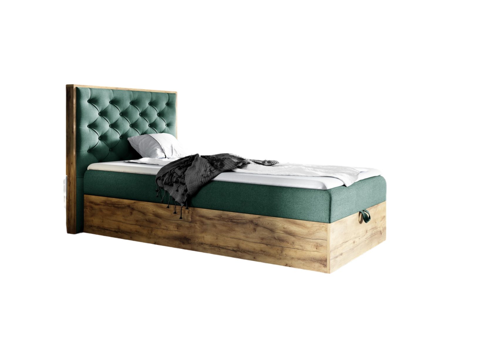 Fun Möbel Boxbett Gästebett Einzelbett Bett DIONA MINI in Stoff (Artisan-Eiche Optik, in drei Größen), Inkl. Bettkasten und Topper