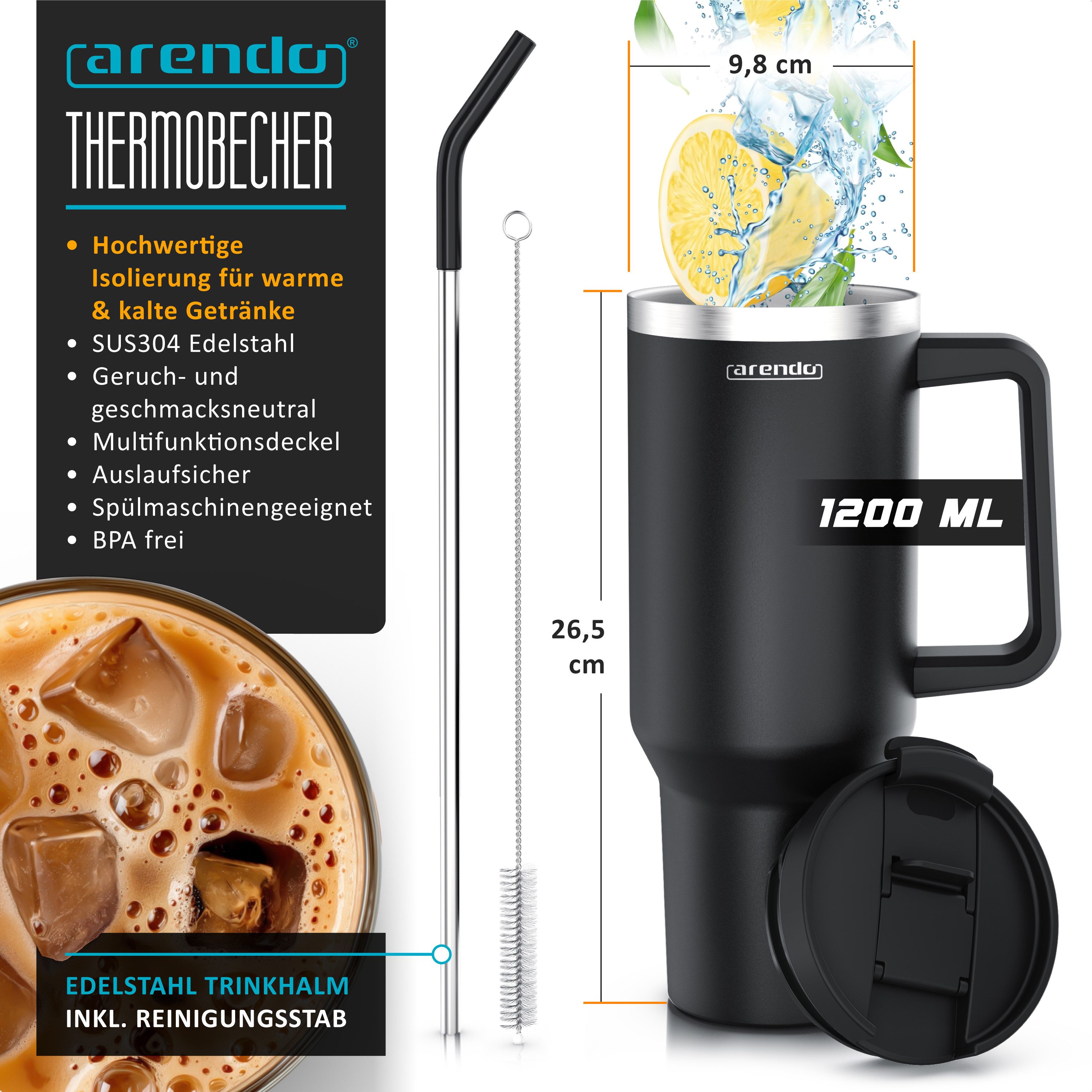 Arendo Thermobecher Thermal Mug 1200 ml, Tumbler, Becher mit Deckel, Henkel und Strohhalm, 1-tlg., Edelstahl, doppelwandig, Vakuumgehäuse aus Edelstahl, luftdichter Verschluss