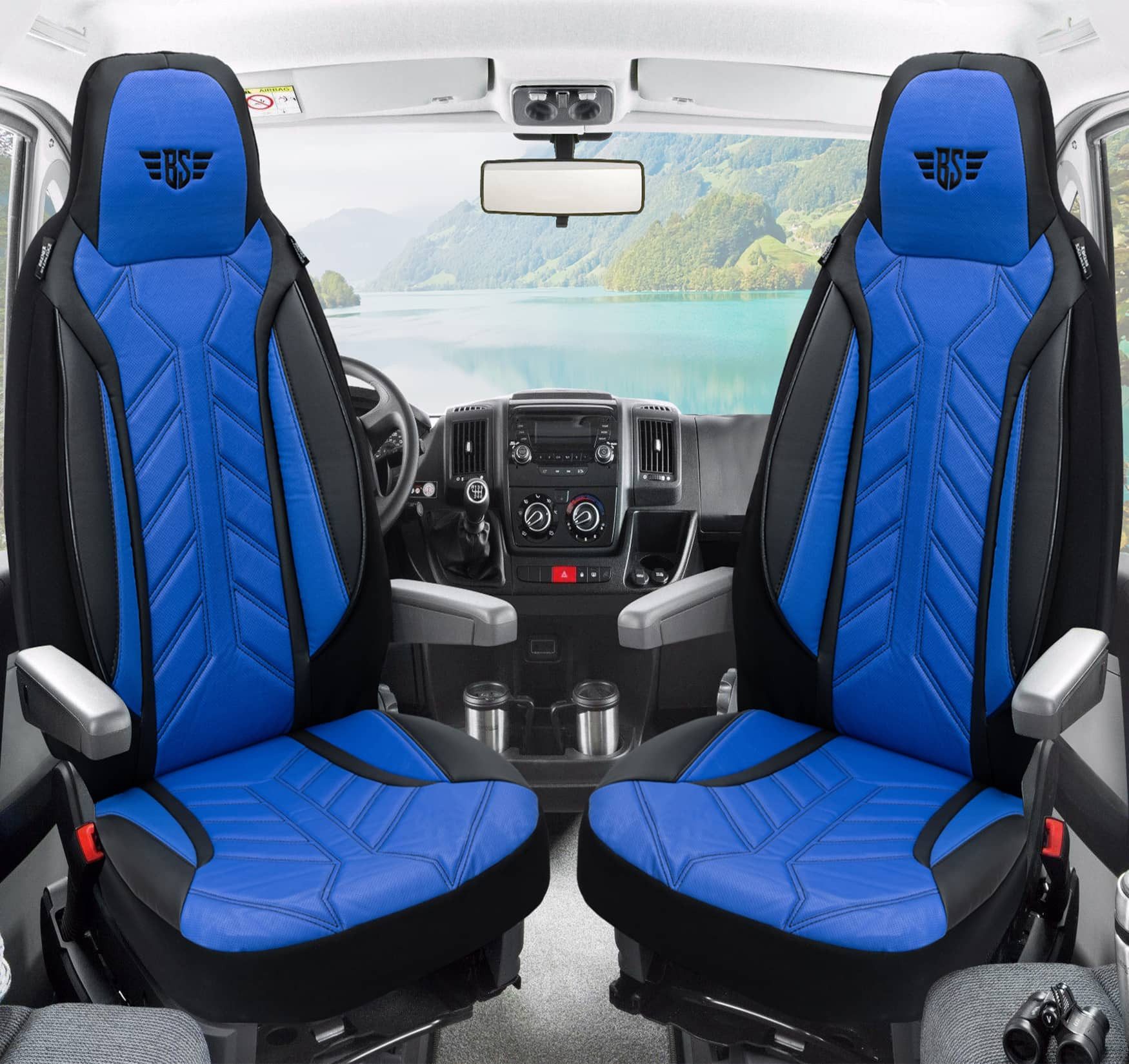 BREMER SITZBEZÜGE Autositzbezug für Benimar Benivan (DPL506), Set, 2-tlg., Schonbezüge Sitzbezüge Fahrer und Beifahrer, in Schwarz/Blau
