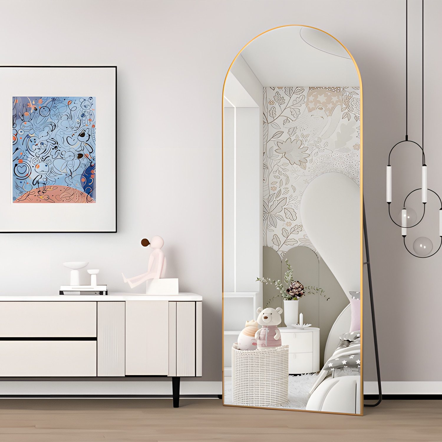 Elemango Ganzkörperspiegel gewölbter Bodenspiegel, großer Boden-Spiegel,mit Alu-Rahmen,161*52cm, Ganzkörperspiegel mit Halterung, Wandspiegel,Gewölbter Schminkspiegel