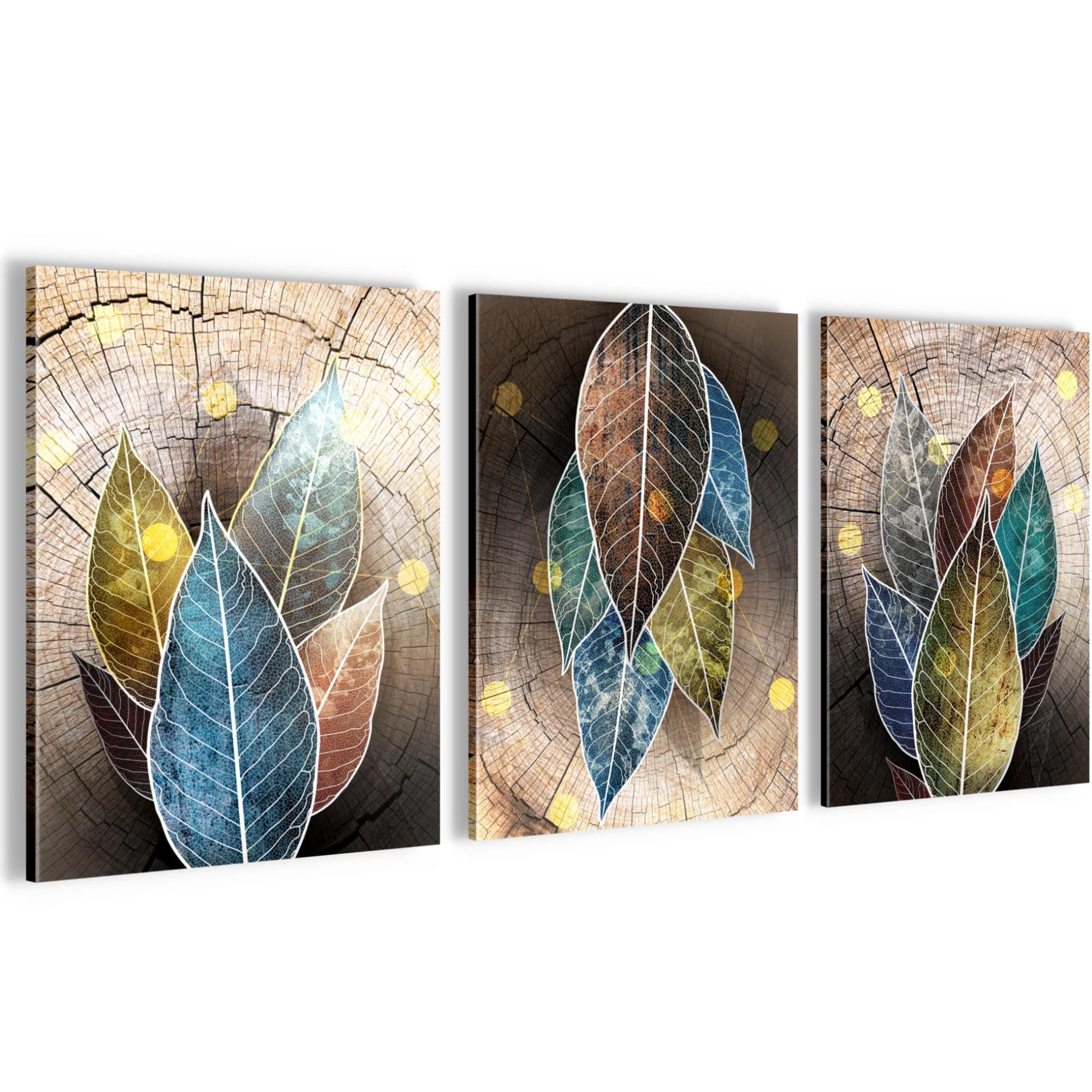 Novart Wandbild Abstrakt Blätter AUFHÄNGFERTIG Flur Deko 3 Moderne Bilder Bunt N0354, 30 x 40 cm - 3 Bilder