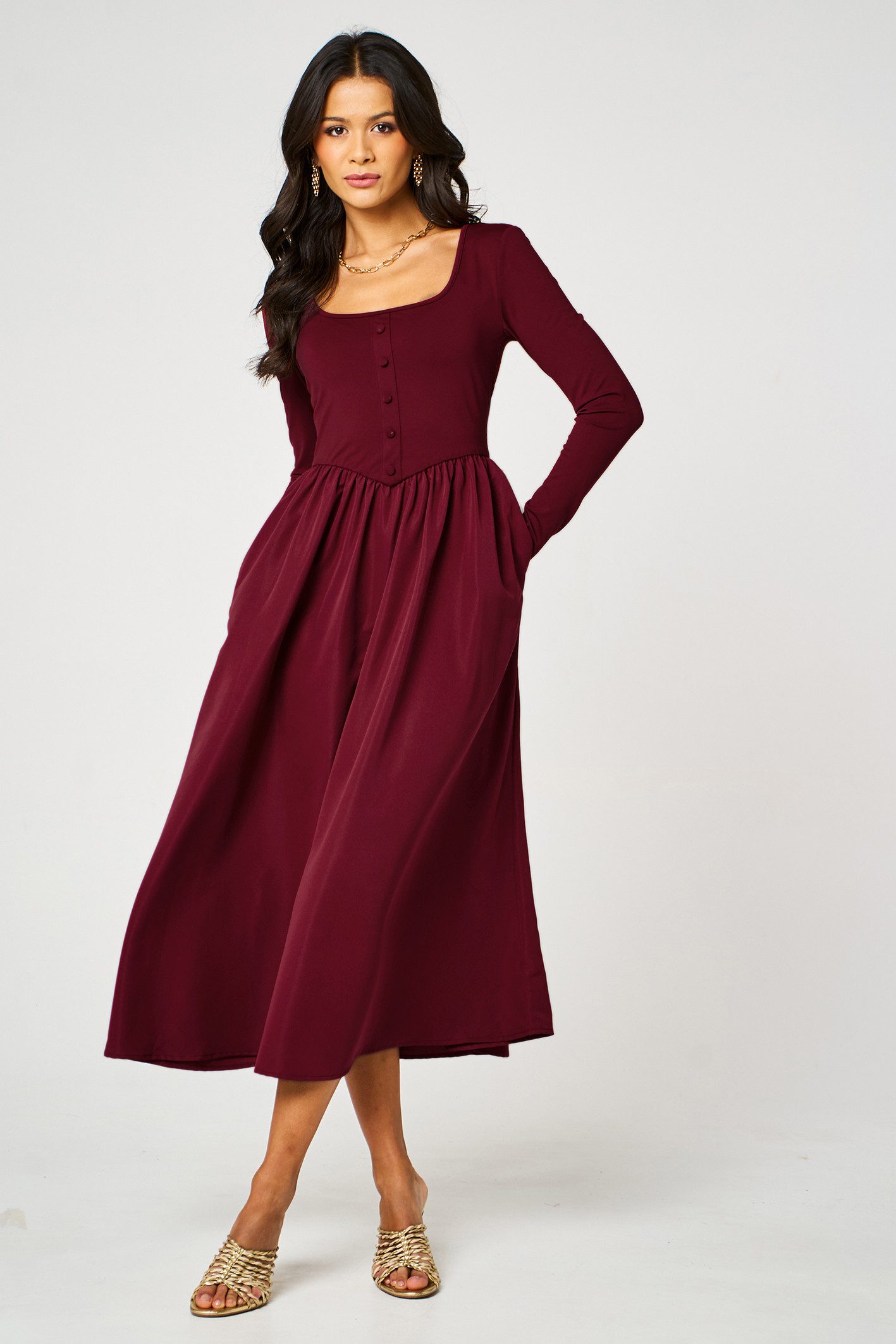 FS Collection Skaterkleid Midikleid Skaterkleid Freizeitkleid Knopfleiste Karree-Ausschnitt (XS (EU:36 / UK:8) · S (EU:38 / UK:10) · M (EU:40 / UK:12) · L (EU:42 / UK:14) · XL (EU:44 / UK:16)