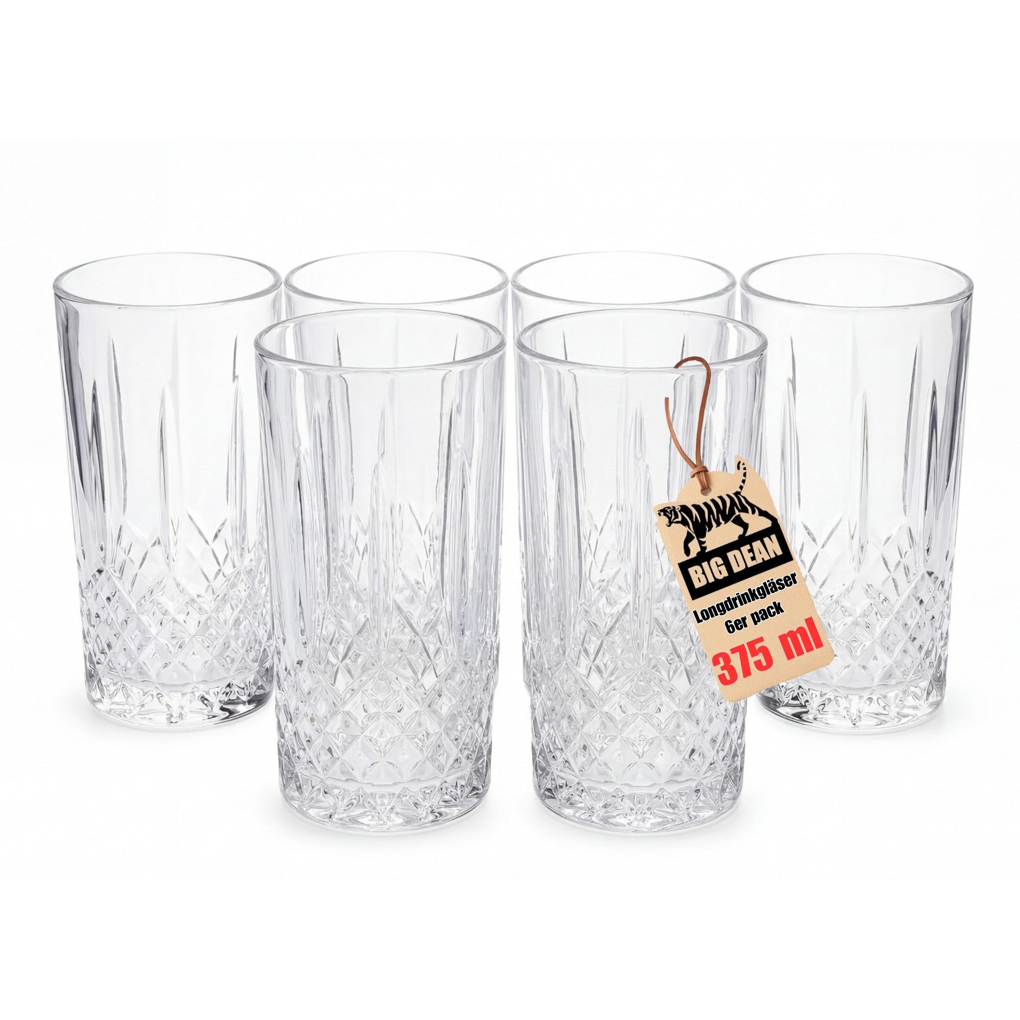 BigDean Longdrinkglas Wassergläser Set Transparent Mit Kristall Effekt 6 x 375ml, 6-tlg., Glas, Spülmaschinenfest, lebensmittelecht, standsicher