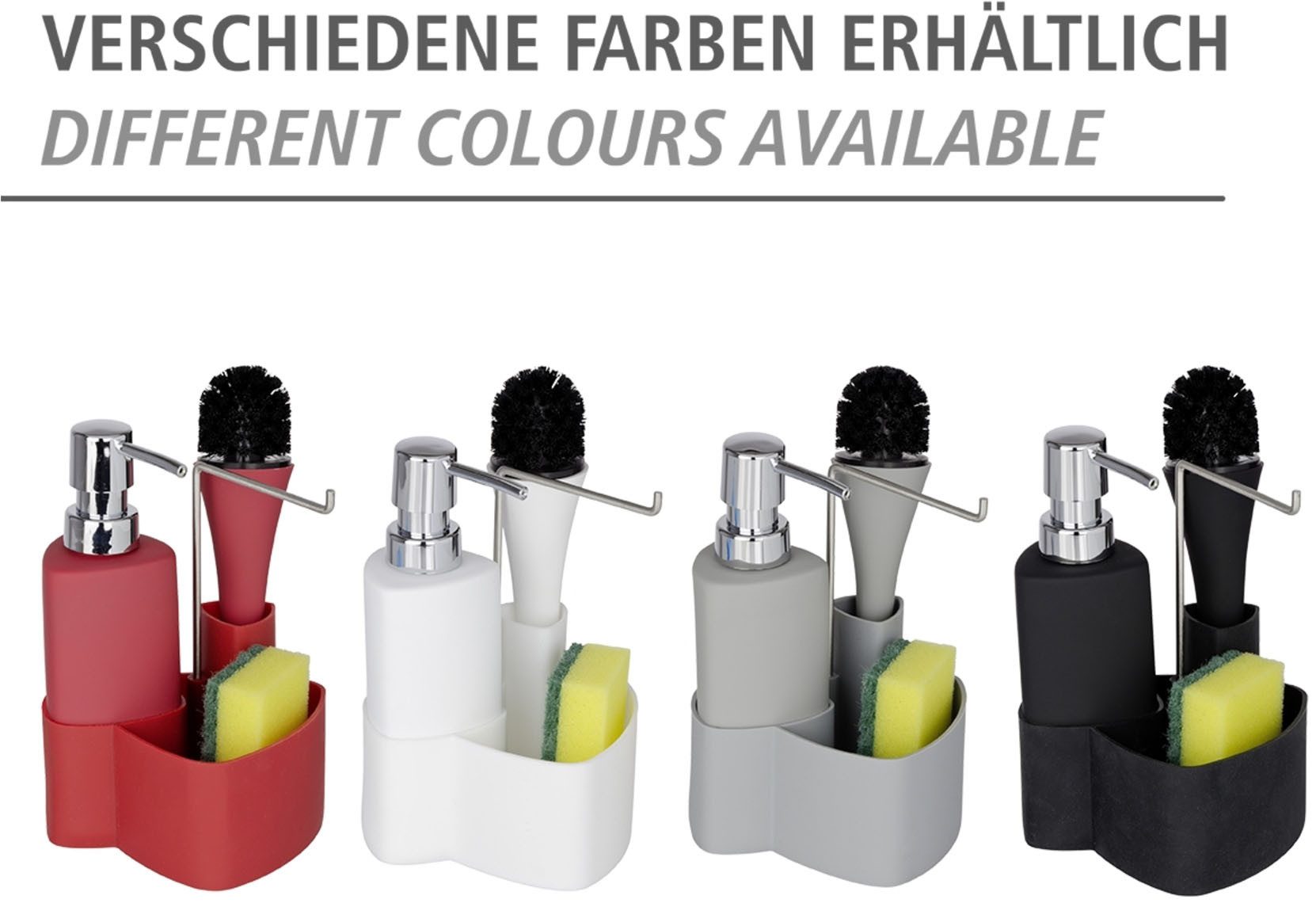 WENKO Spülmittelspender Modell Empire, (Set, 3-tlg), Spül-Set mit Spülmittelspender, Spülbürste und Handtuchhalter, Keramik