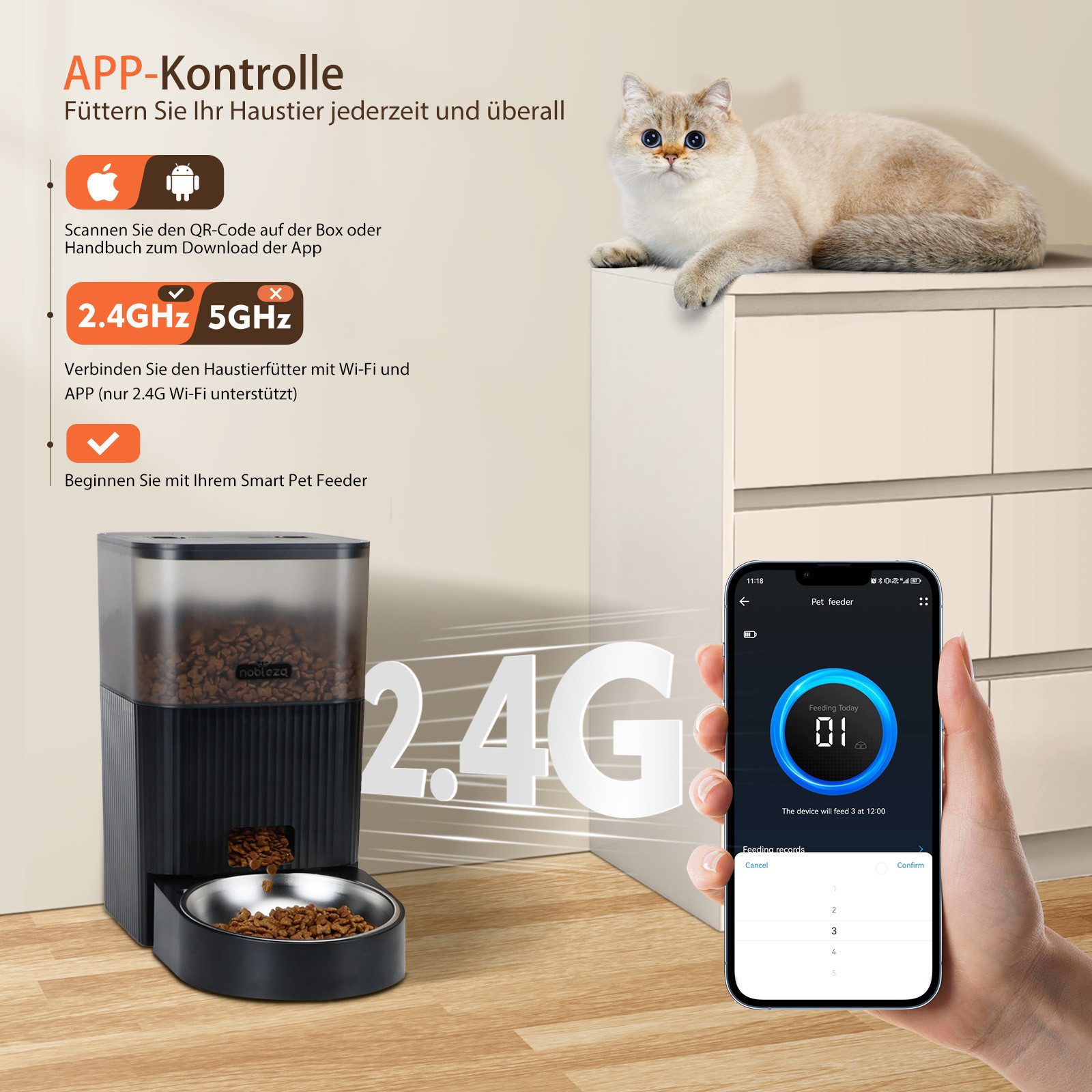 nobleza Katzen-Futterspender Automatischer Futterautomat für Katze &Hund 4.2L Pet Feeder mit Timer