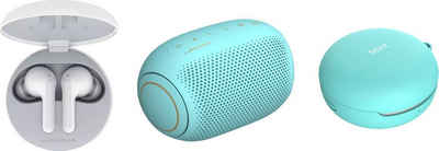 LG »FN4 Macaron Jellybean Hardbundle« In-Ear-Kopfhörer (Sprachsteuerung, Noise-Reduction, LED Ladestandsanzeige, True Wireless, Google Assistant, Siri, Bluetooth, + Bluetooth-Speaker (UVP 69,99) + Macaron Case (UVP 9,99)