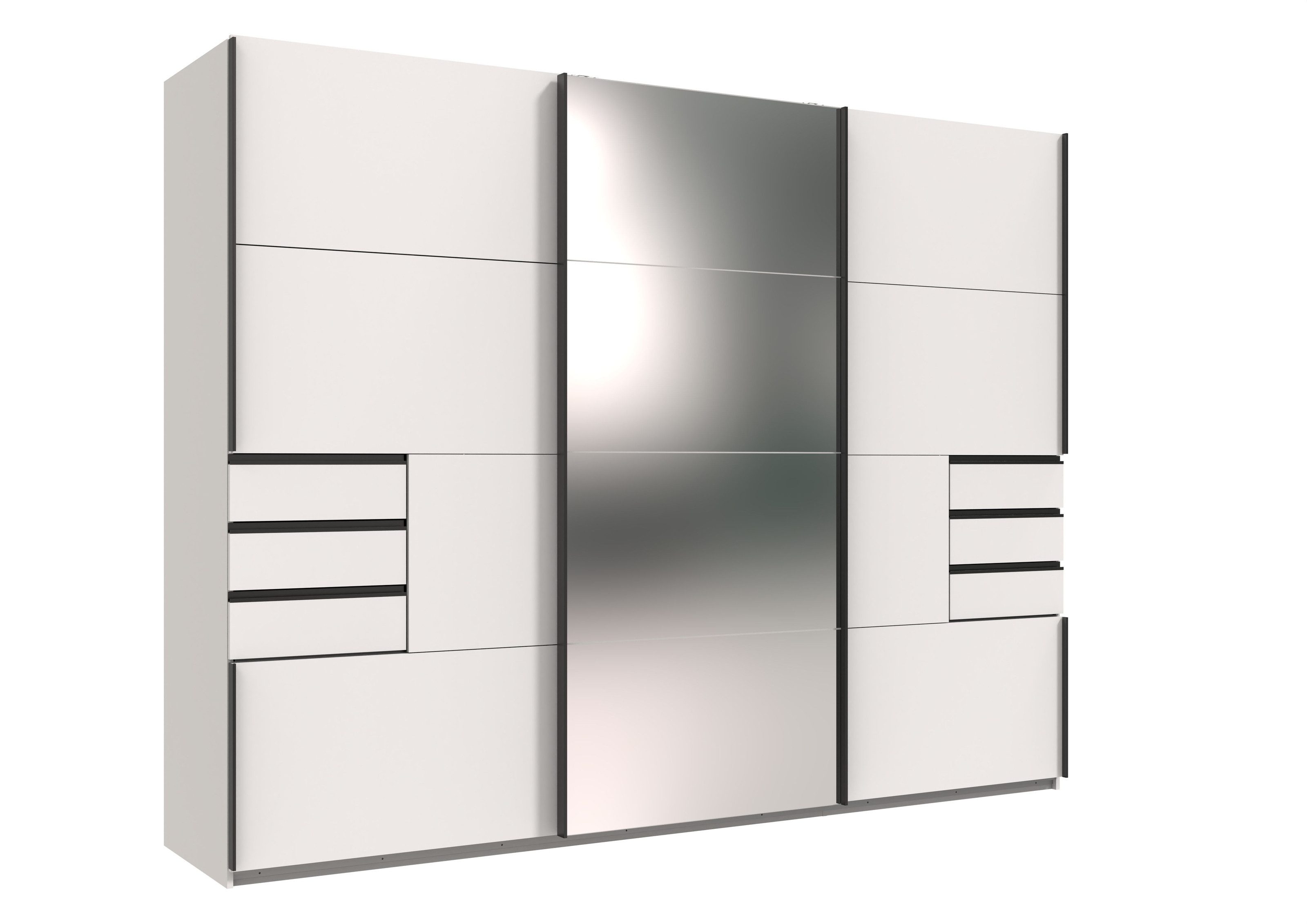 freiraum Schwebetürenschrank Saigon 6 Schübe, Spiegel / Weiß - 270x208x64cm (BxHxT)