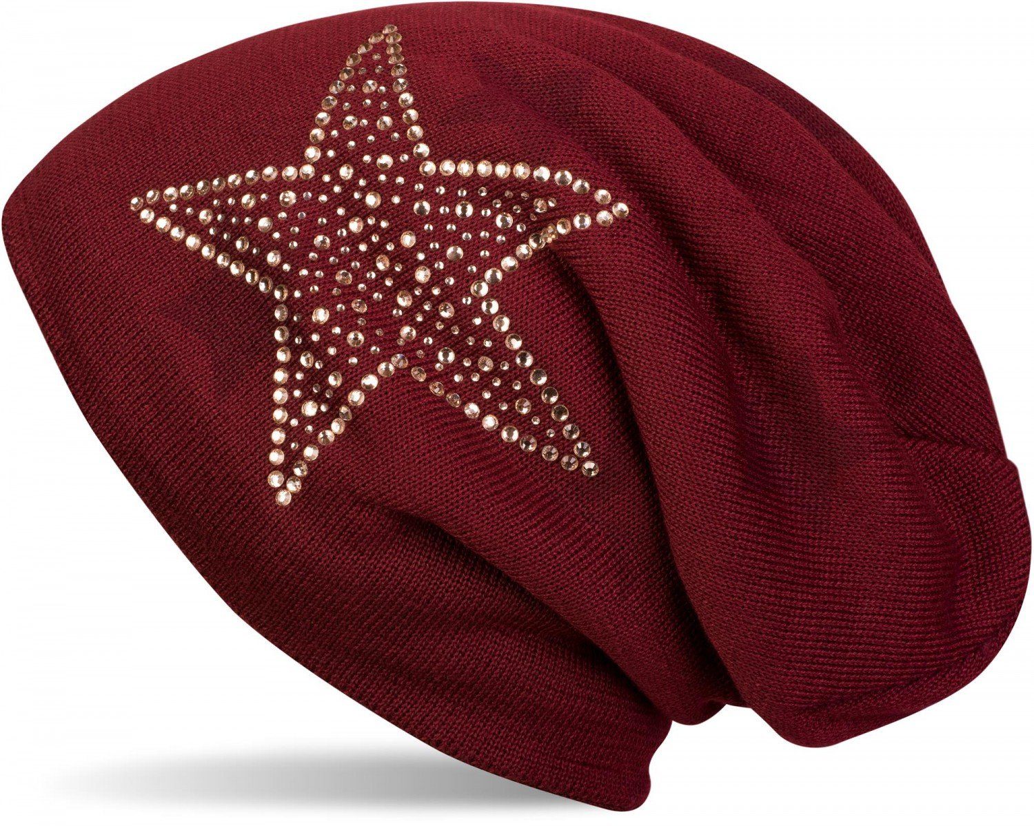 styleBREAKER Strickmütze (1-St) Feinstrick Beanie mit Strass Stern Bordeaux-Rot