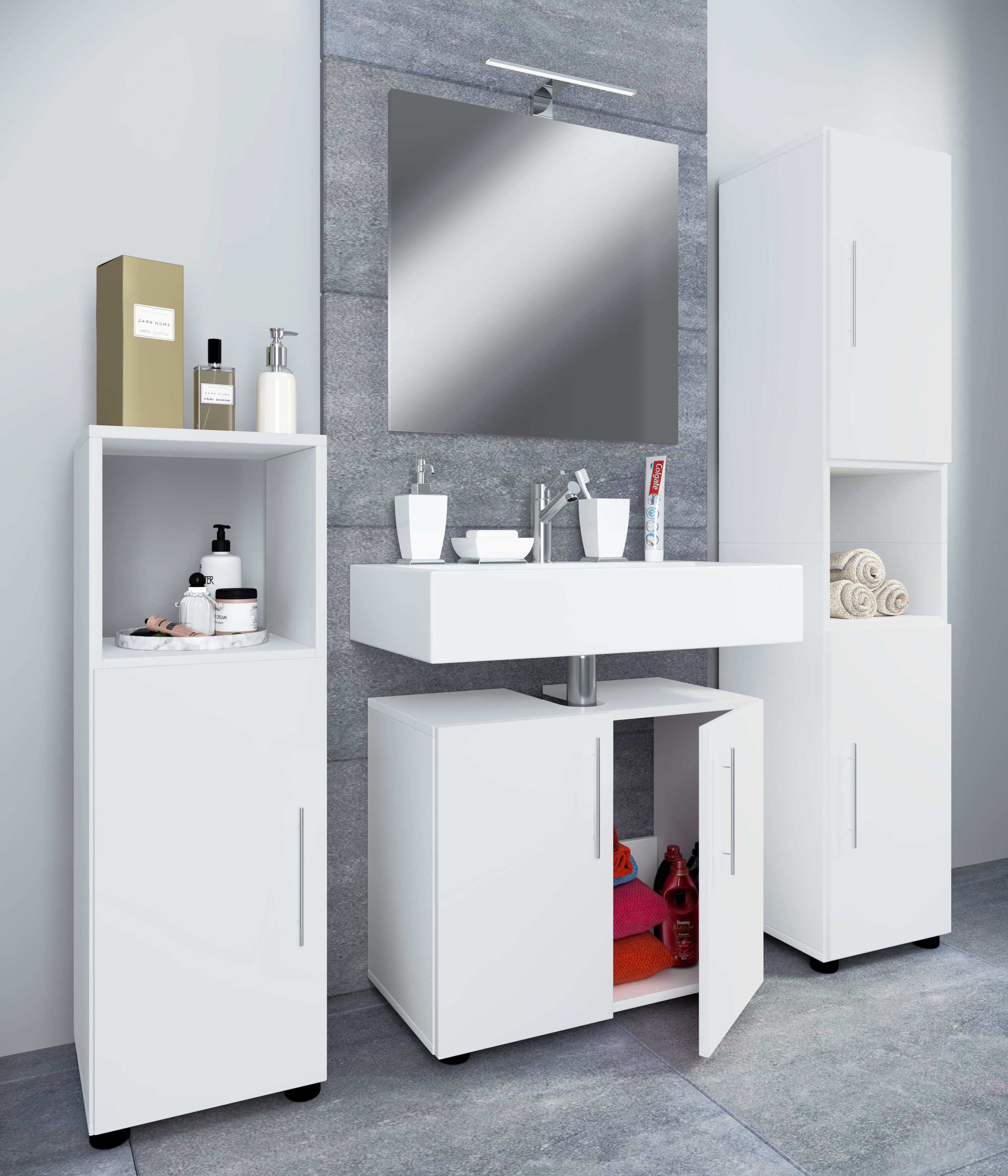 VCM Badmöbel-Set 4 teilig Bad Komplettset Flandu, (Komplett-Set, 4-St., 1x Spiegel 1x Midischrank 1x Unterschrank 1x Hochschrank)