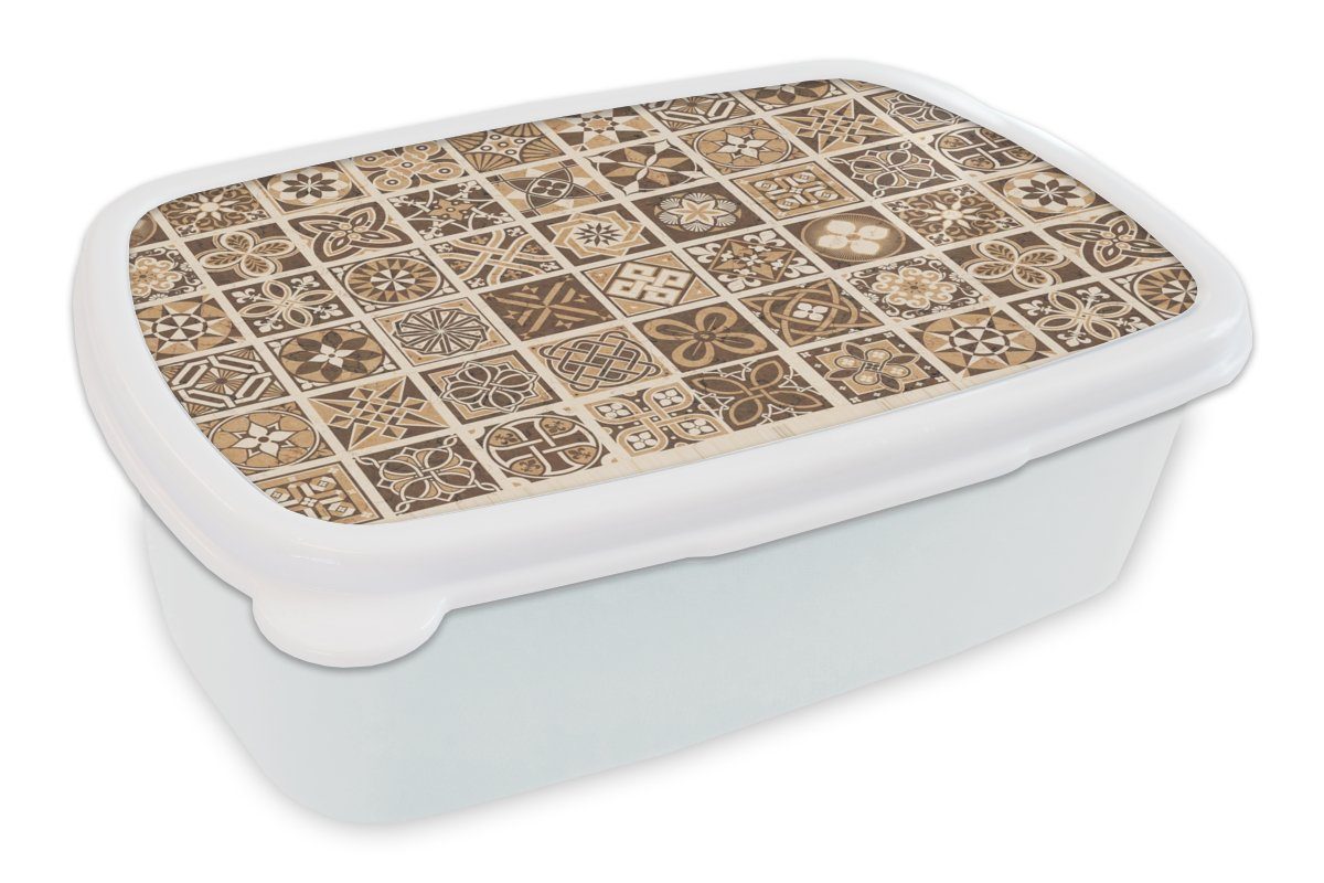 MuchoWow Lunchbox Design - Blumen - Braun - Natur - Vintage, Kunststoff, (2-tlg), Brotbox für Kinder und Erwachsene, Brotdose, für Jungs und Mädchen weiß