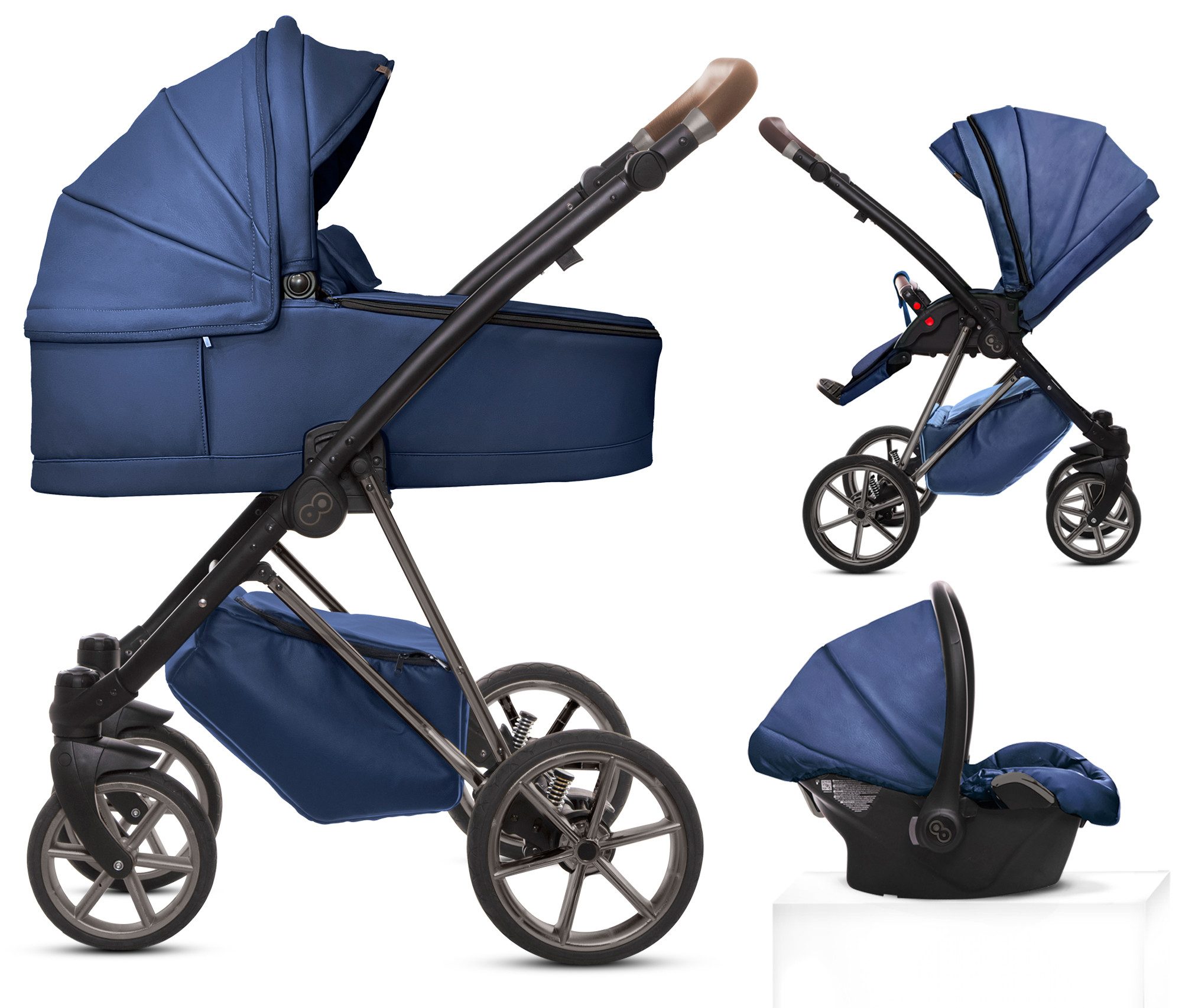 TPFFamily Kombi-Kinderwagen 3in1 Musse Royal, Baby Buggy Babywanne 5-Punkt-Sicherheitsgurt, Zubehör-Set Kinderwagen 3 in 1 Kunstleder Blau, Gestell Grau