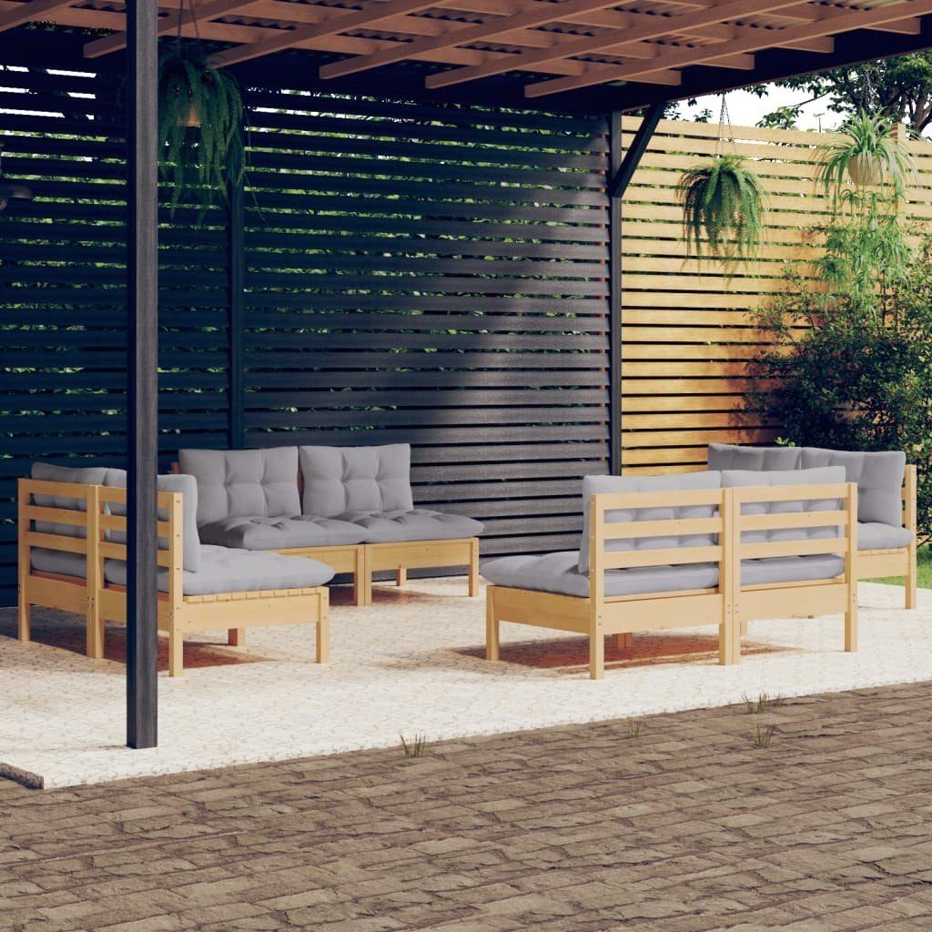 vidaXL Gartenlounge-Set 8-tlg. Garten-Lounge-Set und Grau Kissen Kiefernholz, Grauen mit (1-tlg) Braun