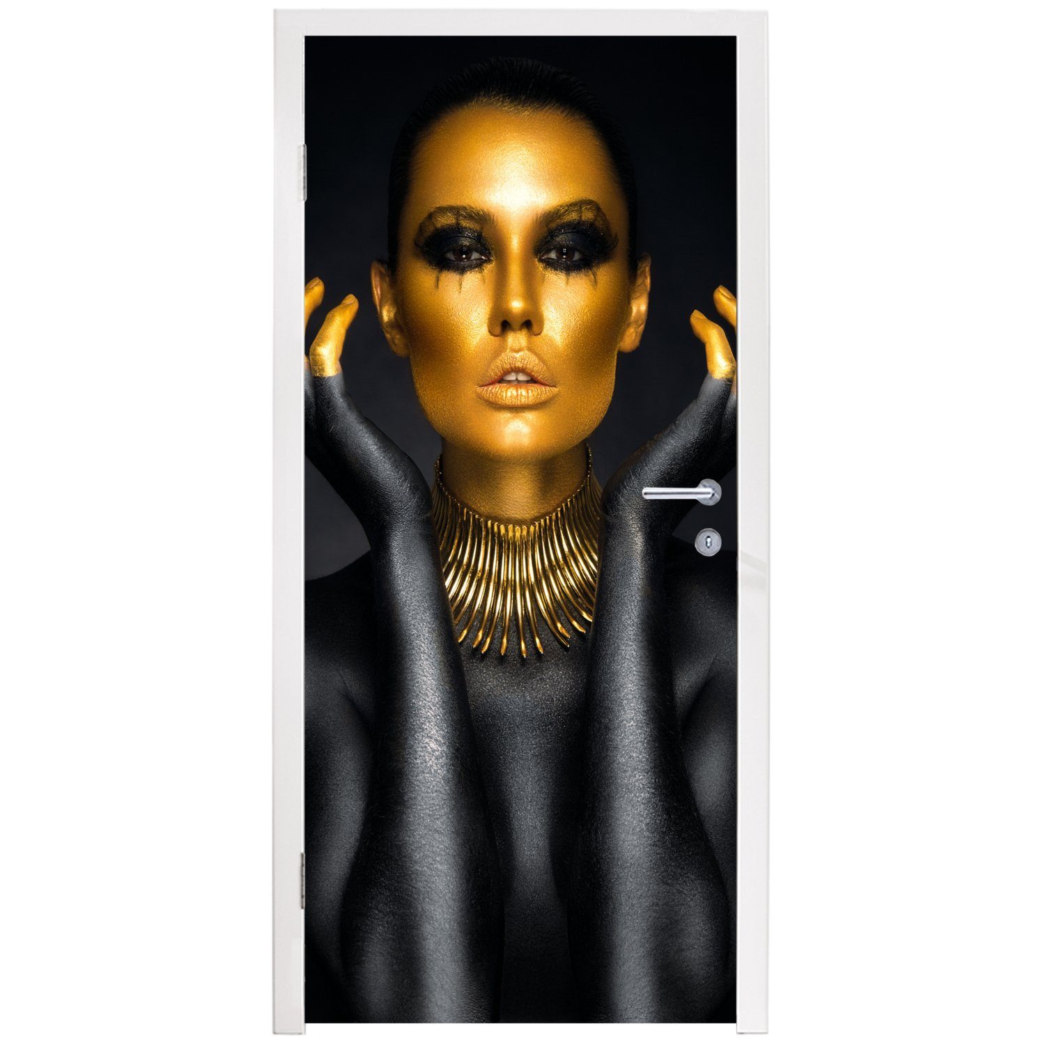 MuchoWow Türtapete Frau - Porträt Luxus Schwarz, Fototapete St), Türaufkleber, 75x205 - Tür, (1 - für - bedruckt, Gold cm Matt