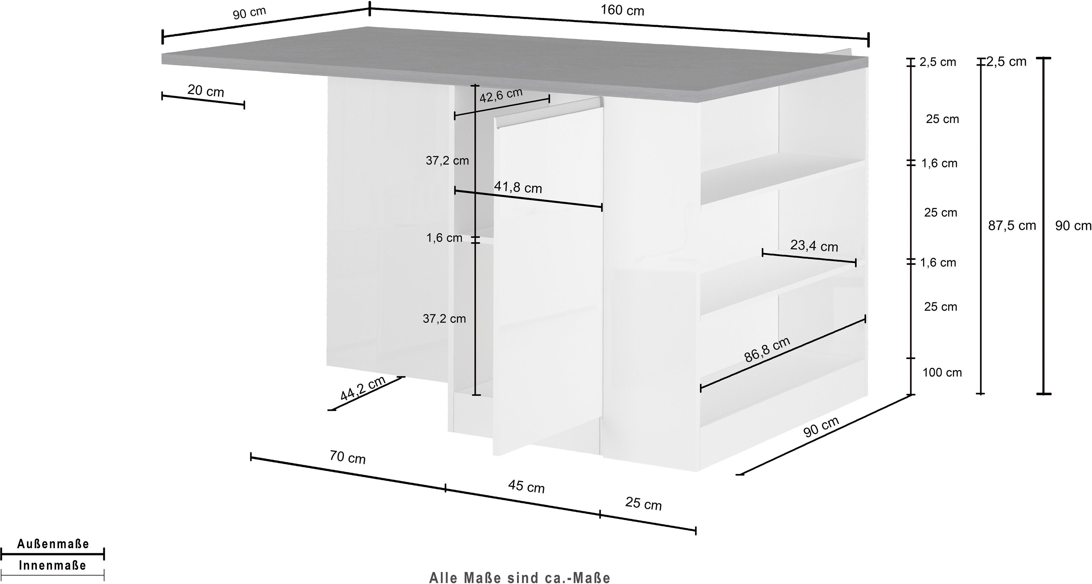 KOCHSTATION Kücheninsel KS-Sole, Breite 160 cm, 2 Türen, 4 offene Fächer