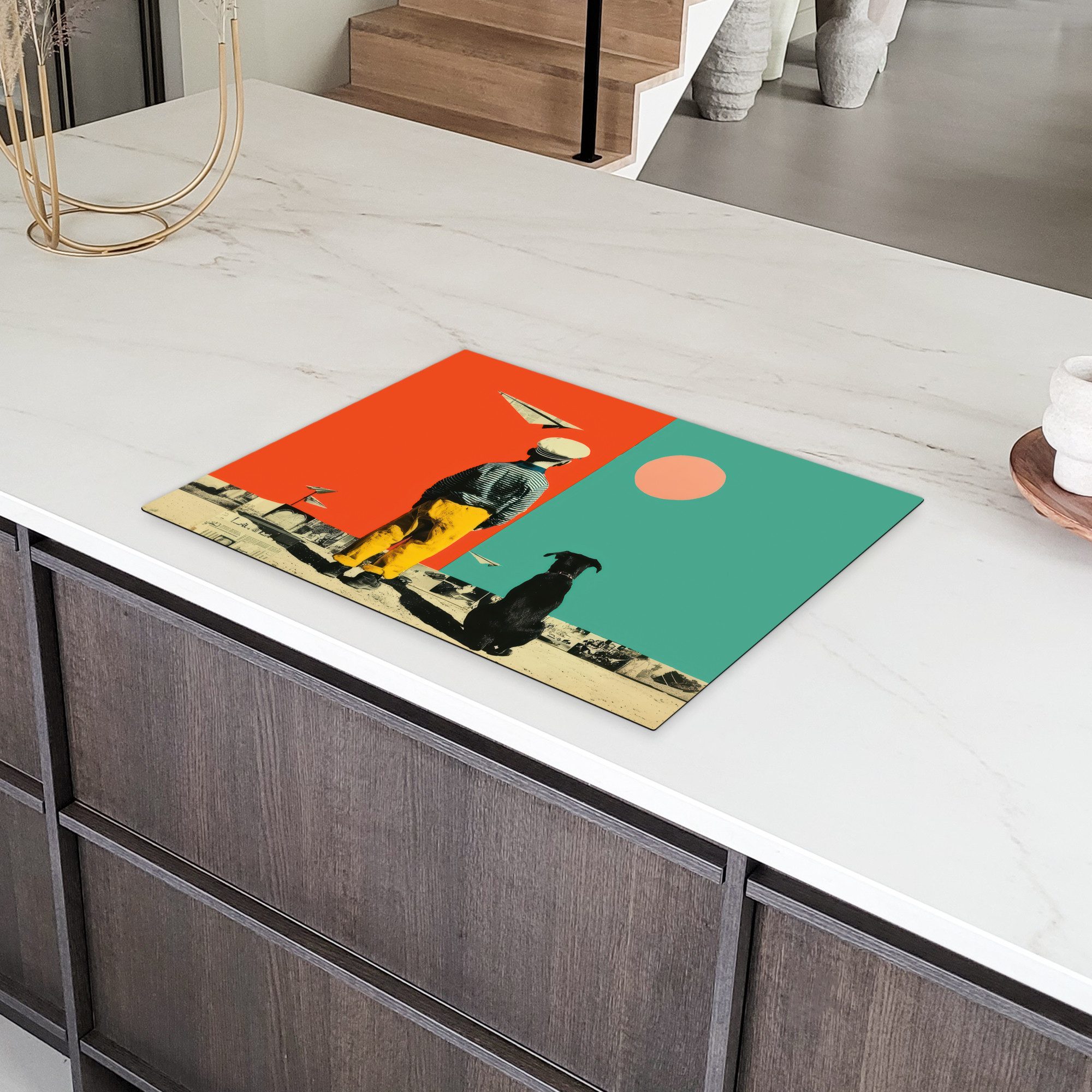 MuchoWow Herd-Abdeckplatte Retro - Junge - Hund - Rot - Grün, Vinyl, (1 tlg), Küche Herdabdeckung Ceranfeld Induktionsfeld Vinyl, 65x50 cm
