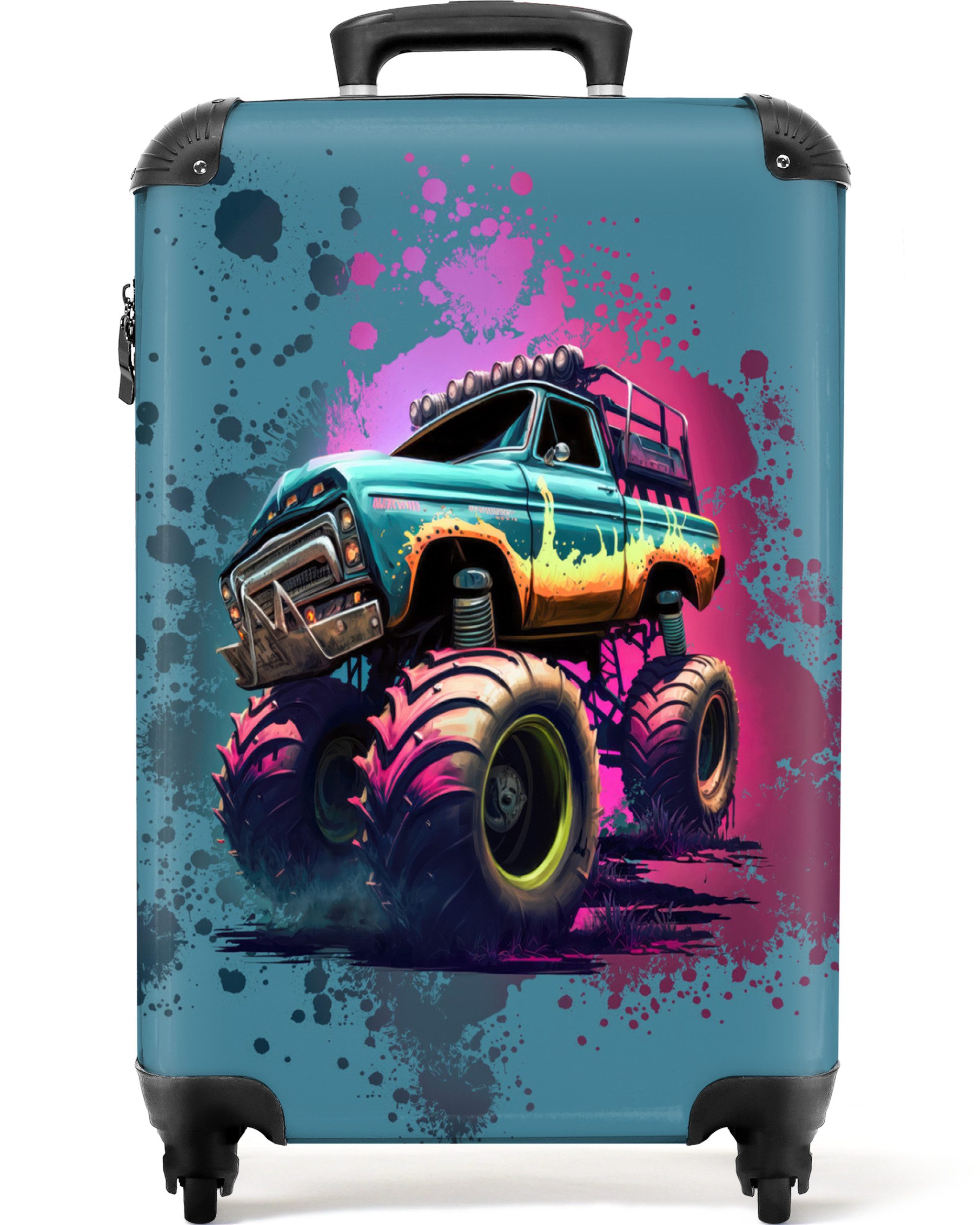 NoBoringSuitcases.com© Kinderkoffer Monstertruck - Farbe - Graffiti - Rosa - Neon 55x35x20cm, 4 Rollen, Handgepäck Koffer, Hartschalenkoffer Kinder, Reisekoffer Jungen