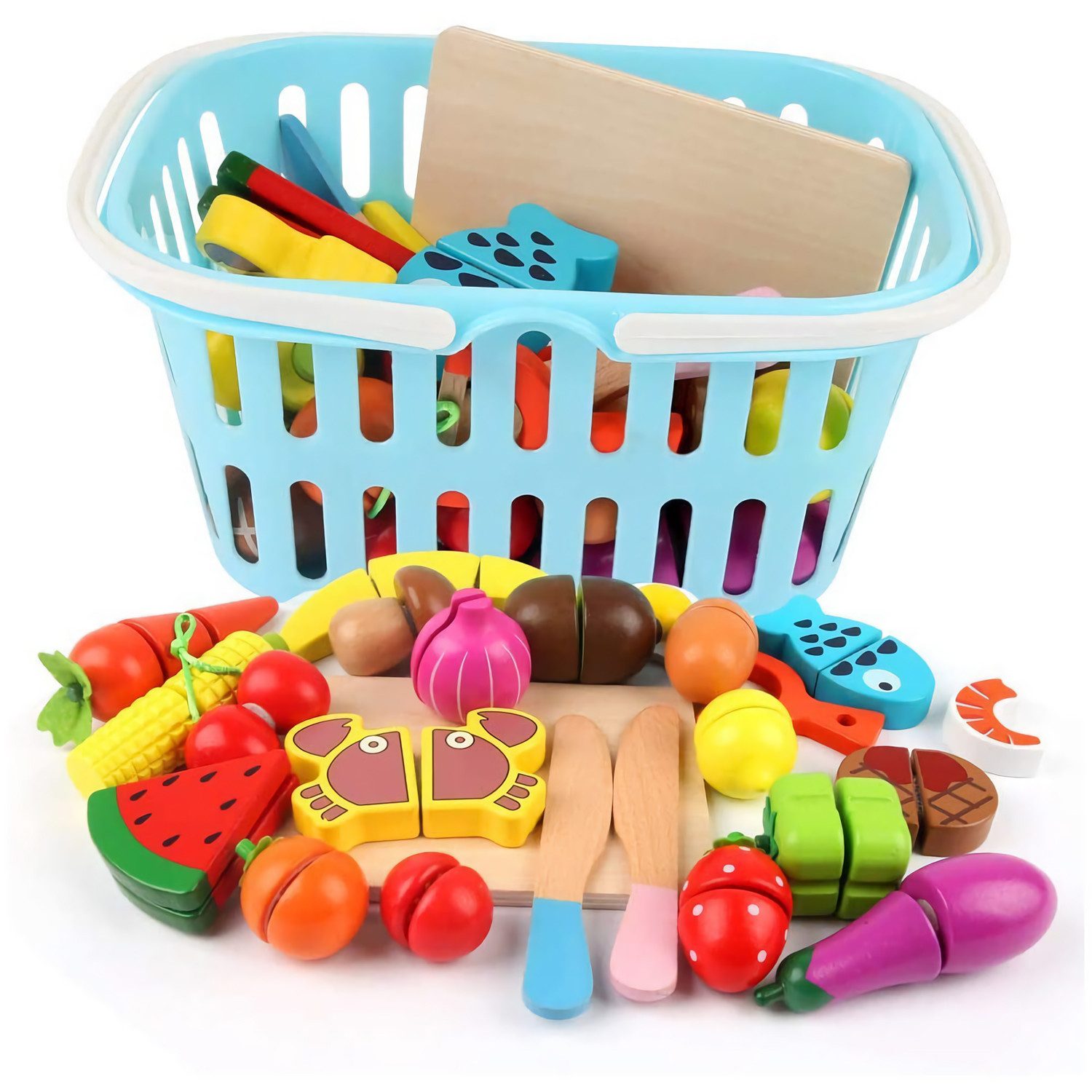 LBLA Spiellebensmittel Obst Gemüse Sortiment im Rucksack Korb, Weihnachtsgeschenk, (25-tlg), Obst Gemüse Sortiment, Küchenspielzeug Set, Rollenspiel für Kinder
