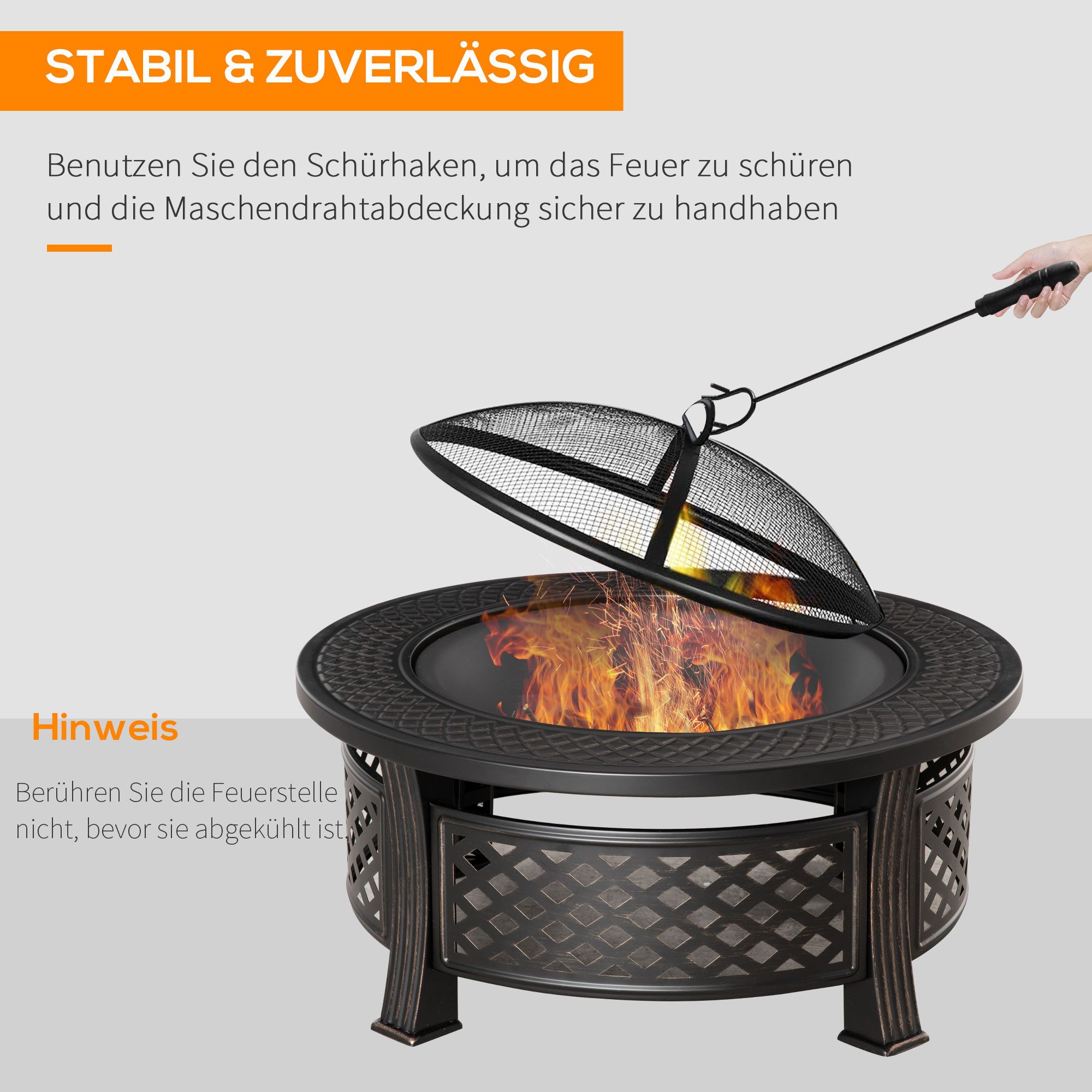 Outsunny Feuerschale Schürhaken Funkenschutz Feuerkorb Feuertisch rund Feuerstelle Garten Camping BBQ Stahl Schwarz 81x81x50cm Aosom – Bild 4 von 5