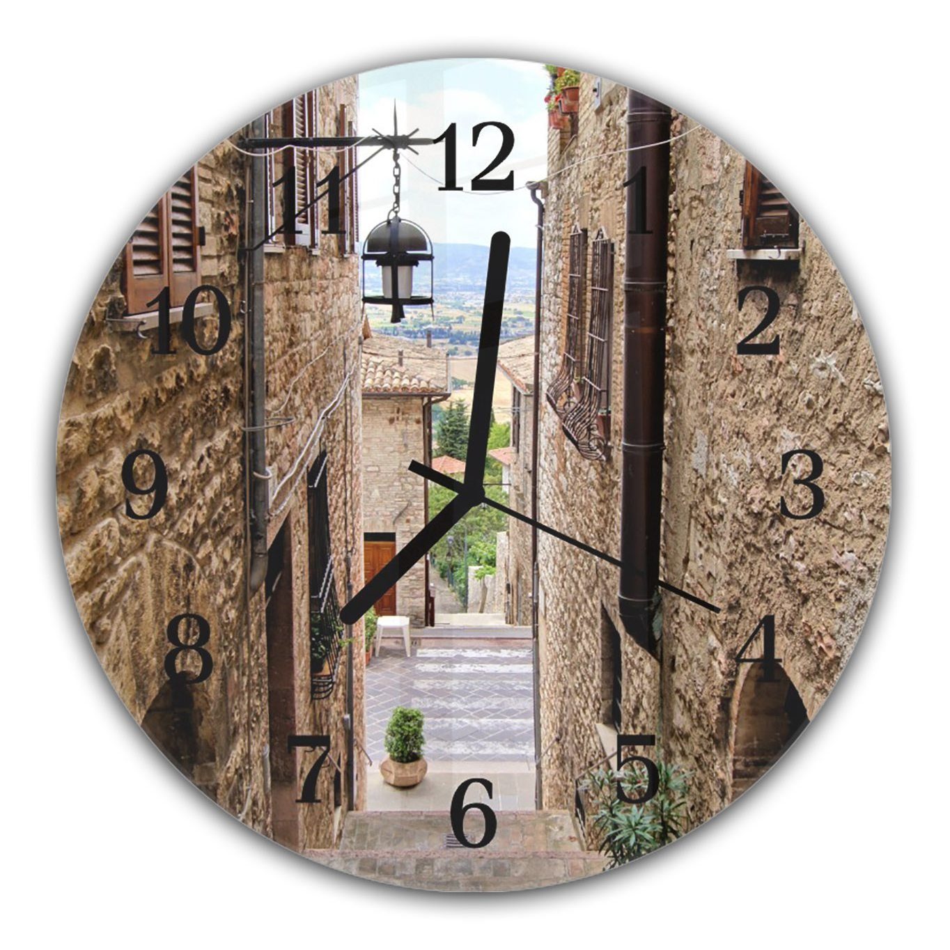 Rund mit aus 30 cm - und Primedeco Durchmesser Mittelalterliche Wanduhr Stufenstrasse Wanduhr mit Glas Motiv Quarzuhrwerk
