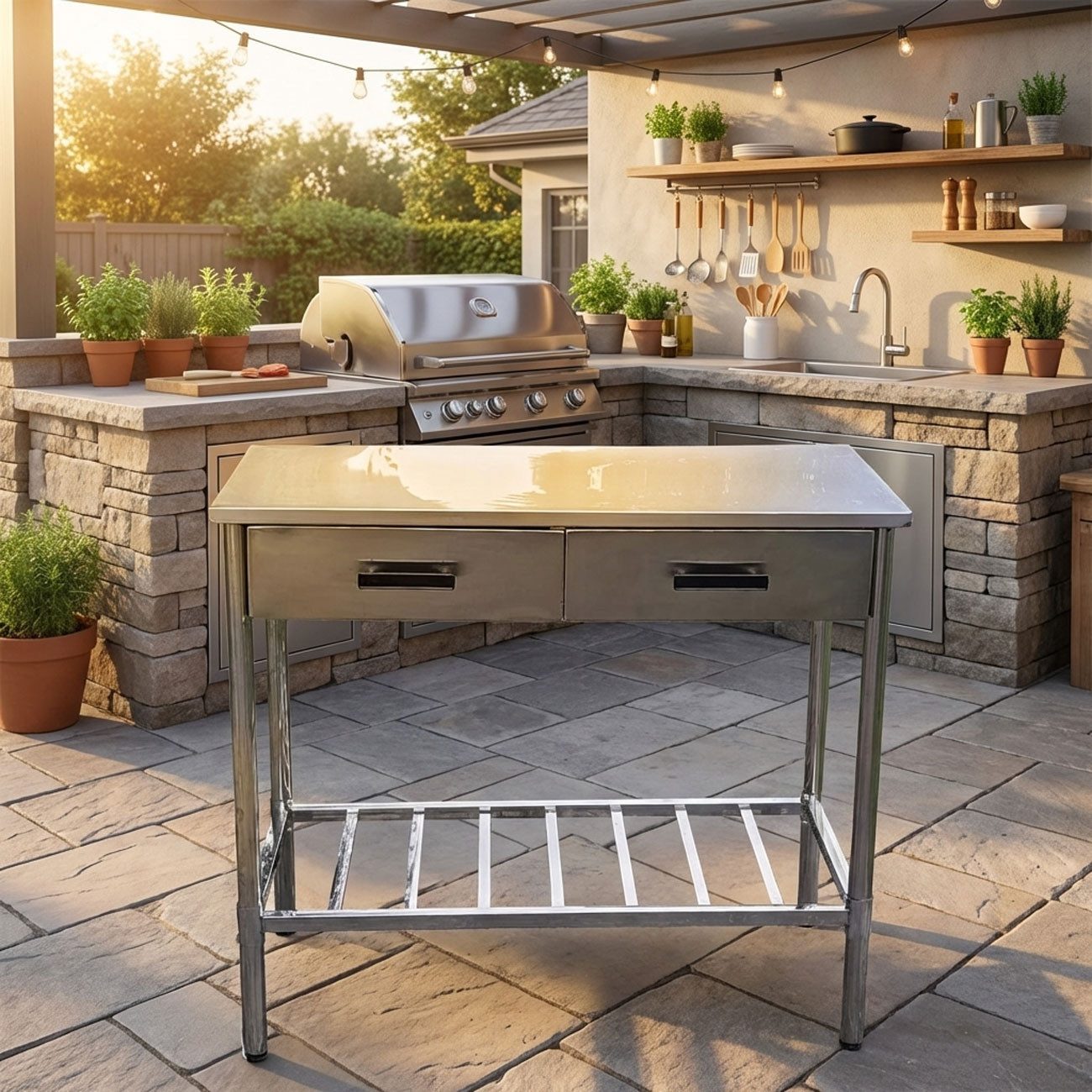 Westerholt Arbeitstisch Edelstahl Arbeitstisch Outdoorküche Grilltisch mit 2 Schubladen H 87cm, Rundrohrbeine Ø 38 mm, Ablage, B x T x H: 100 x 50,5 x 87cm