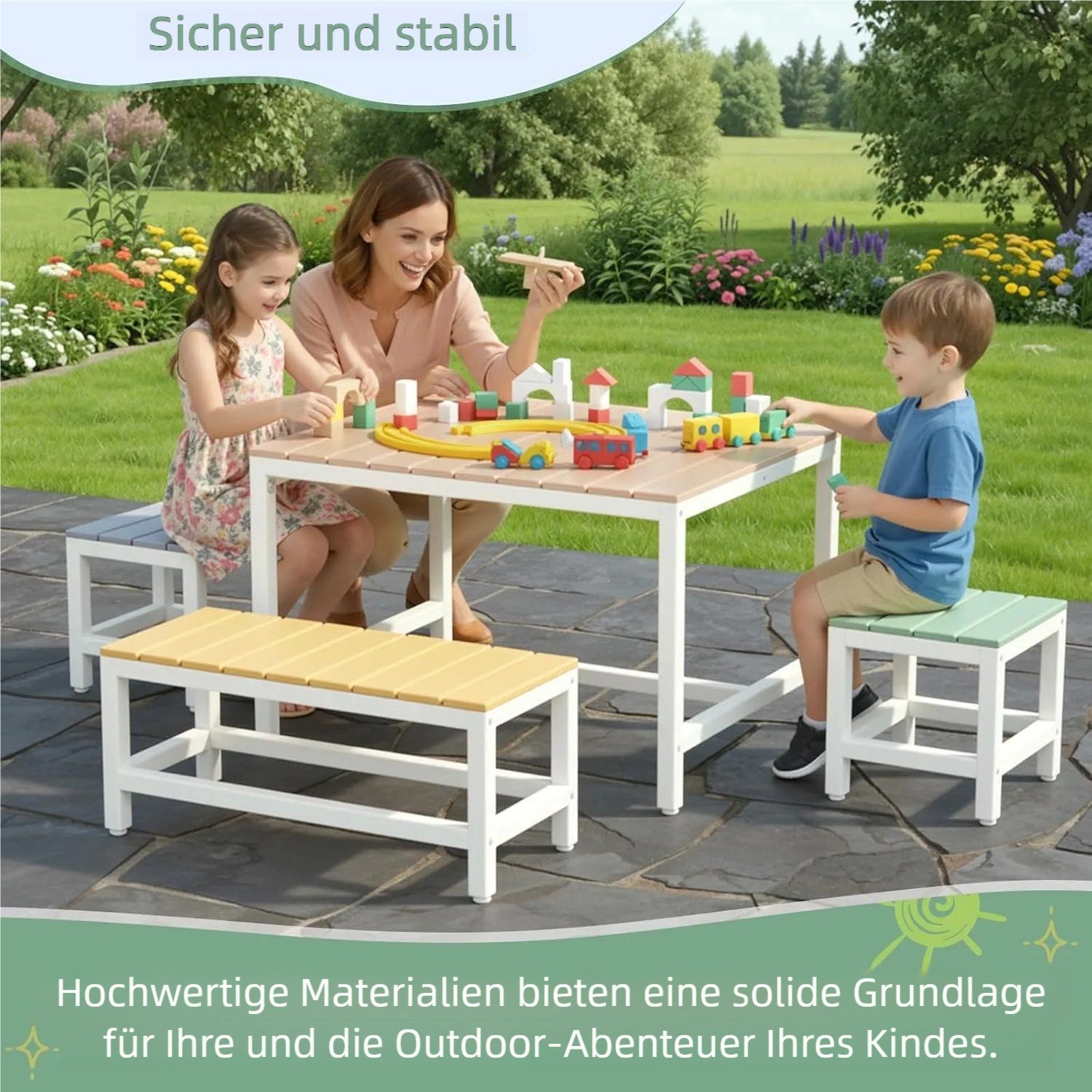 TLGREEN Garten-Kindersitzgruppe aus Hochwertigem Pappelholz – Mit Wasserdichter Abdeckung, (Kinder Garten Set 4-tlg, Robustes Tisch mit Bänken & Hocker für Terrasse, Garten & Balkon), Outdoor & Indoor Kindermöbel für Picknick, Malen & Spielen