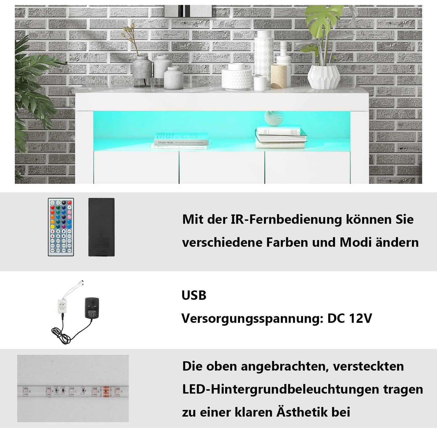 Merax Sideboard mit 3 Türen und 1 offene Fach, Hochglanz Front mit LED,Kommode mit verstellbaren Einlegeböden – Bild 4 von 5