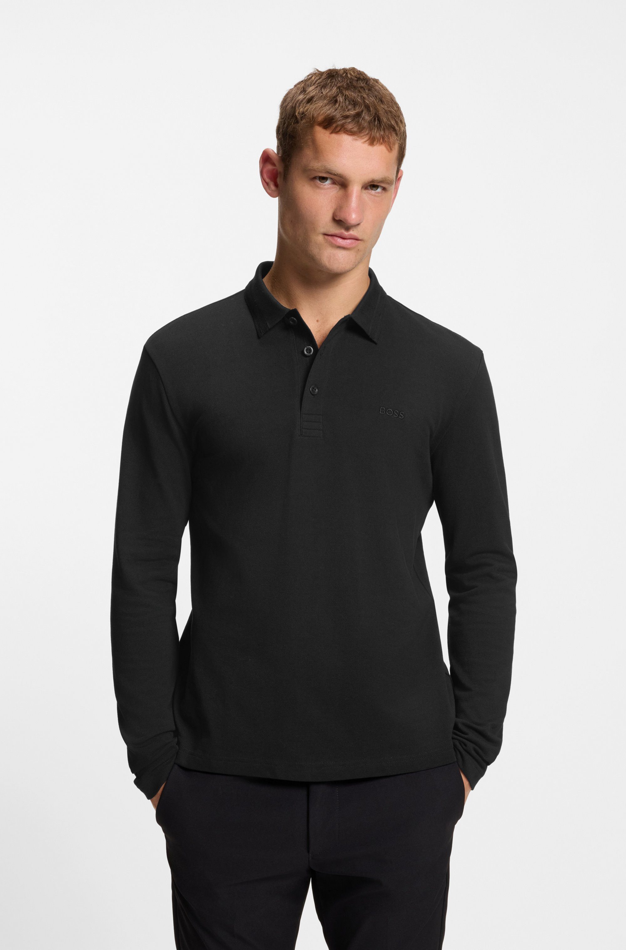 BOSS GREEN Langarm-Poloshirt Plisy mit Streifen am Kragen