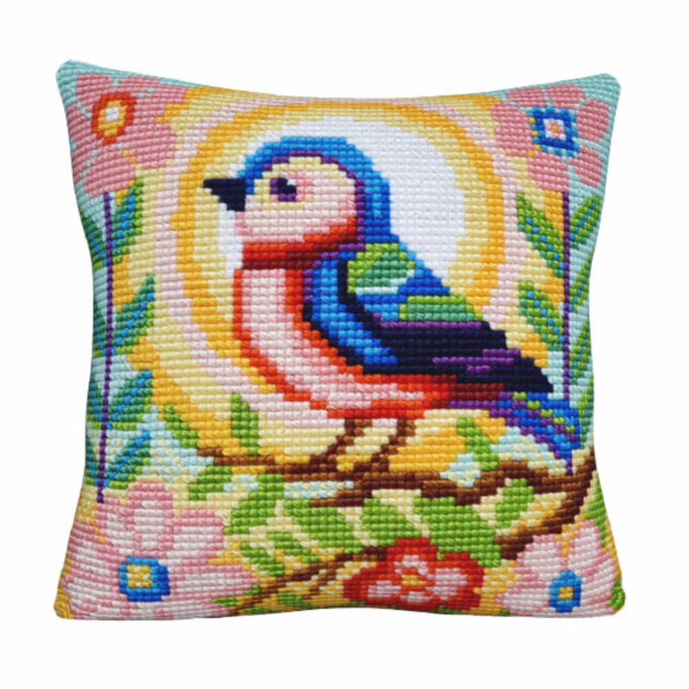 Collection D'art Kreativset CDA Kreuzstichkissen Stickpackung "Vogel auf Ast", bedruckt, 40x40cm, (embroidery kit by Marussia)